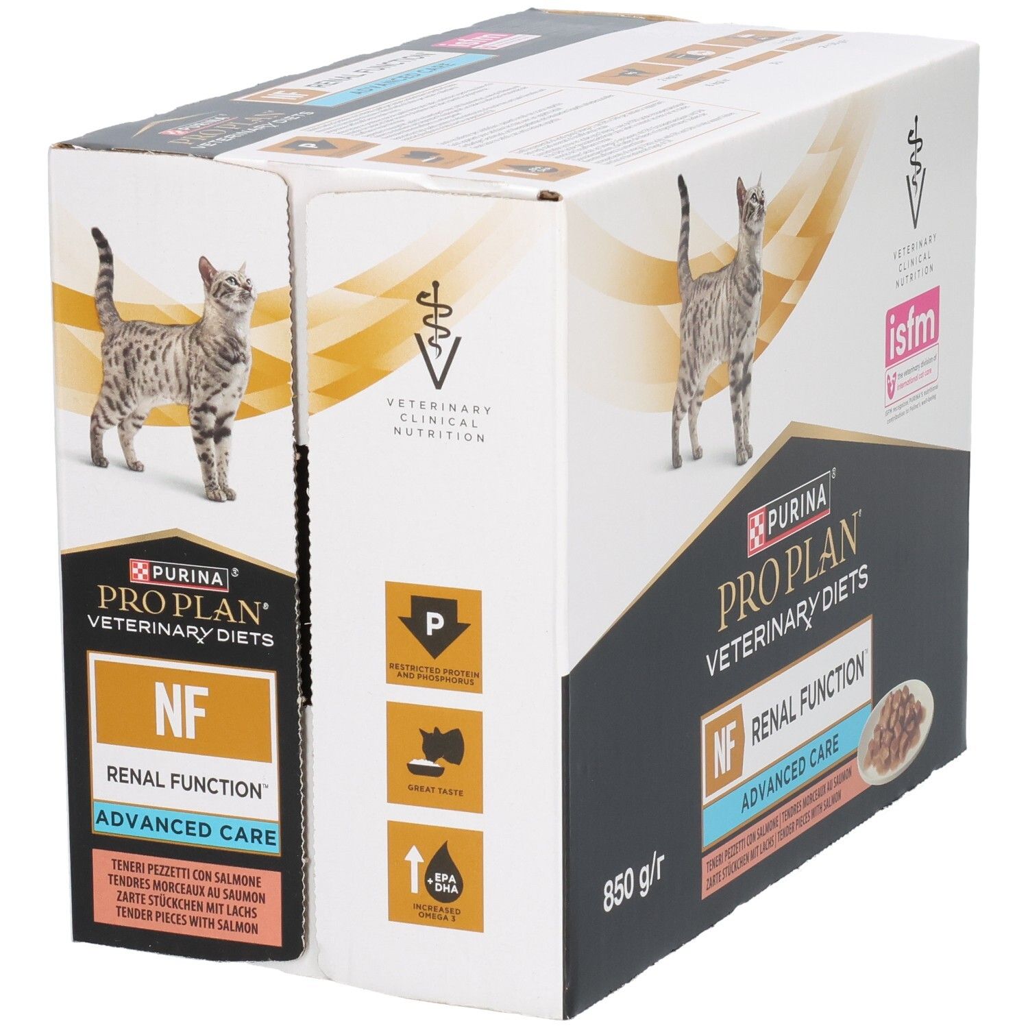 Kartonverpackung für Katzenfutter. Aufdruck: Purina Pro Plan Veterinary Diets, NF Renal Function, Advanced Care. Mit Katze.