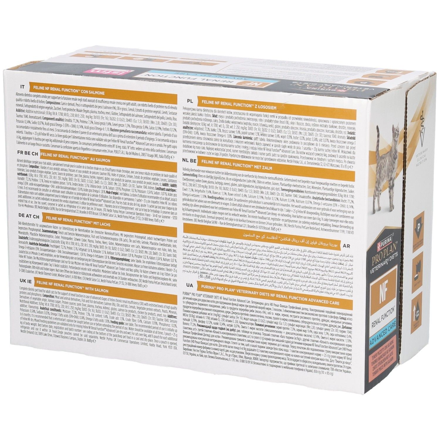 Rückseite der Kartonverpackung. Text in mehreren Sprachen. Produkt: Feline NF Renal Function. Mit Text.