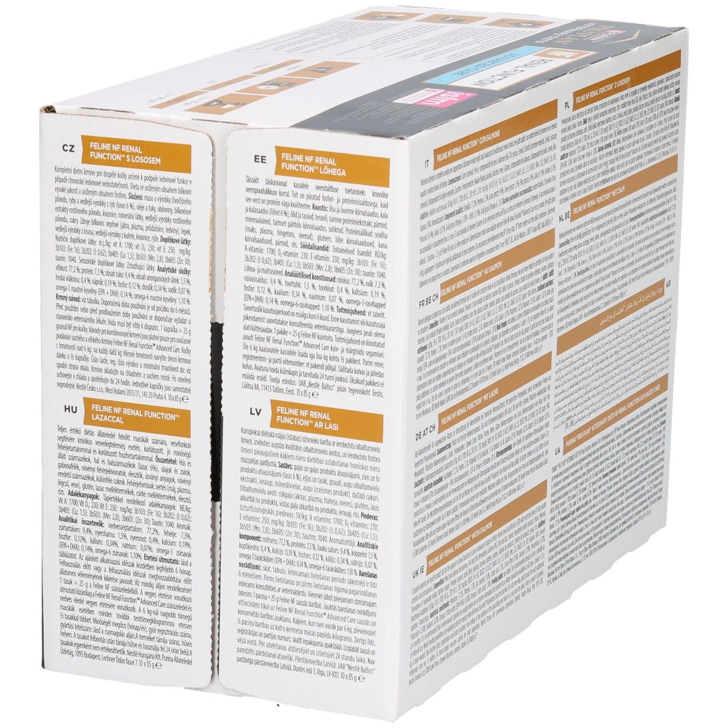 Rückseite der Kartonverpackung. Text in mehreren Sprachen. Produkt: Feline NF Renal Function. Mit Text.