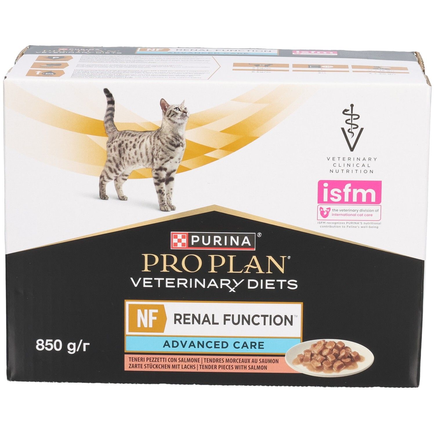Kartonverpackung für Katzenfutter. Aufdruck: Purina Pro Plan Veterinary Diets, NF Renal Function, Advanced Care. Mit Katze.