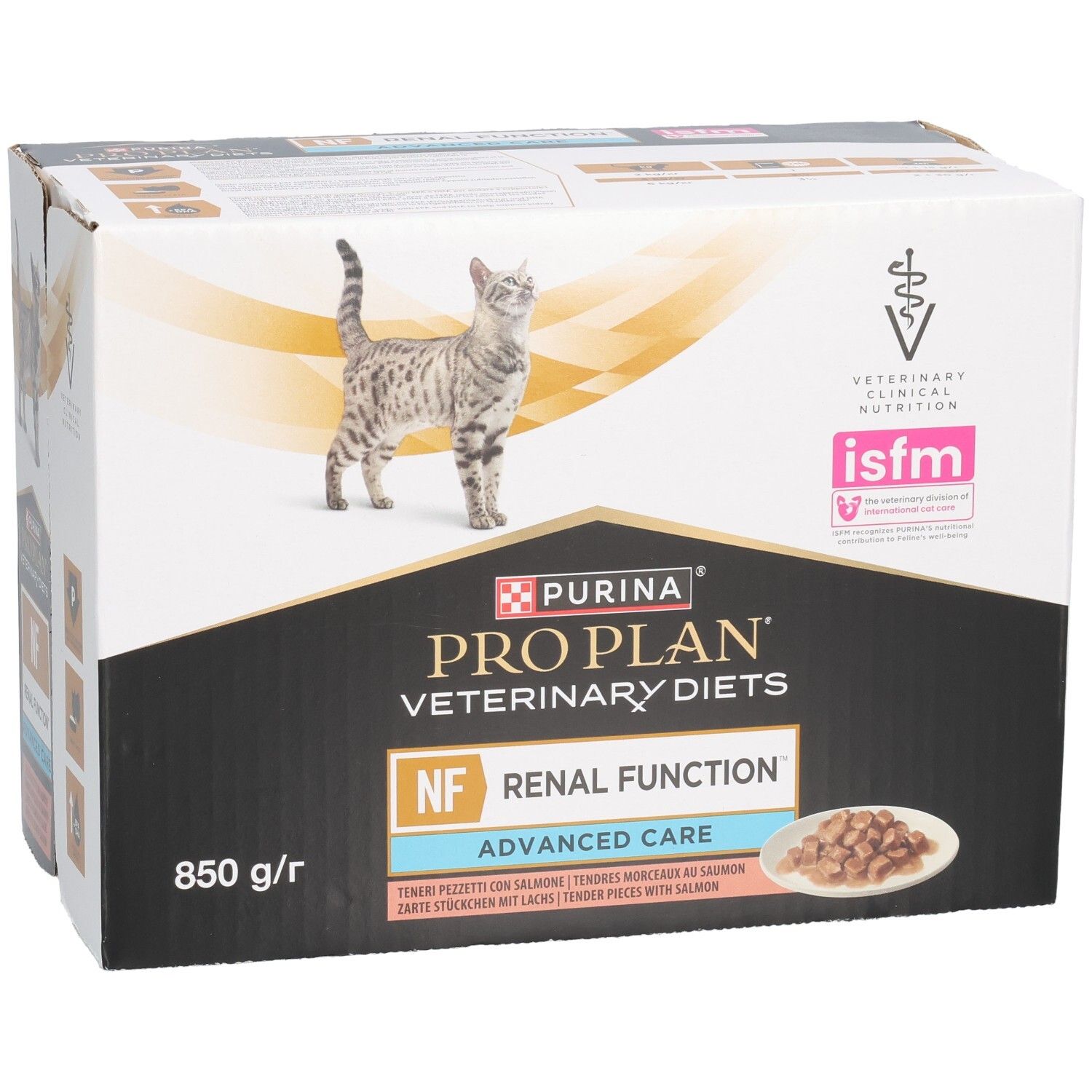 Kartonverpackung für Katzenfutter. Aufdruck: Purina Pro Plan Veterinary Diets, NF Renal Function, Advanced Care. Mit Katze.