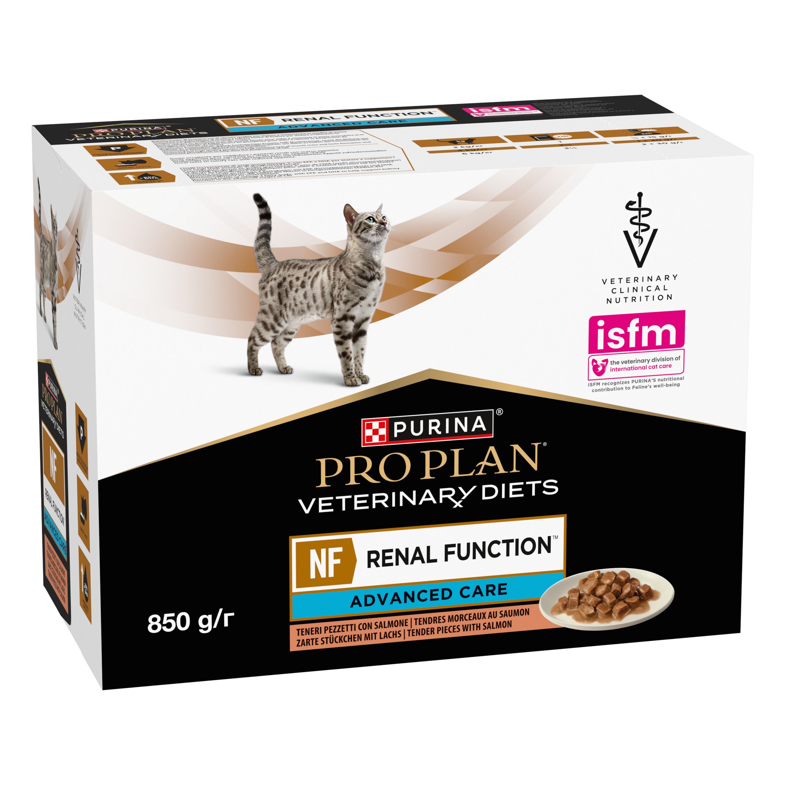 Boîte de nourriture pour chats. Purina Pro Plan Veterinary Diets, NF Renal Function, Advanced Care. Image d'un chat.