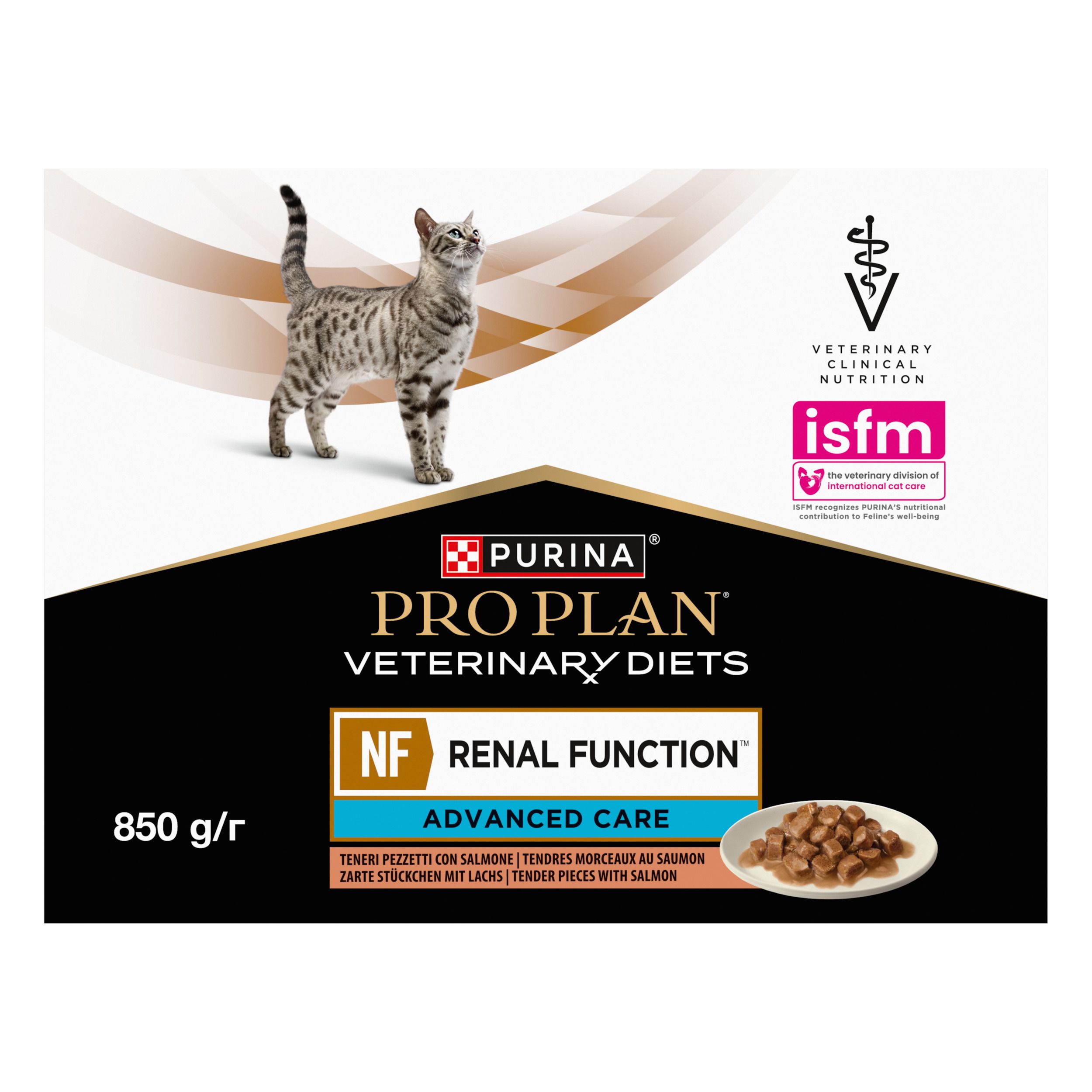 Dos de la boîte. Texte en plusieurs langues. Produit : Feline NF Renal Function. Contient du texte.