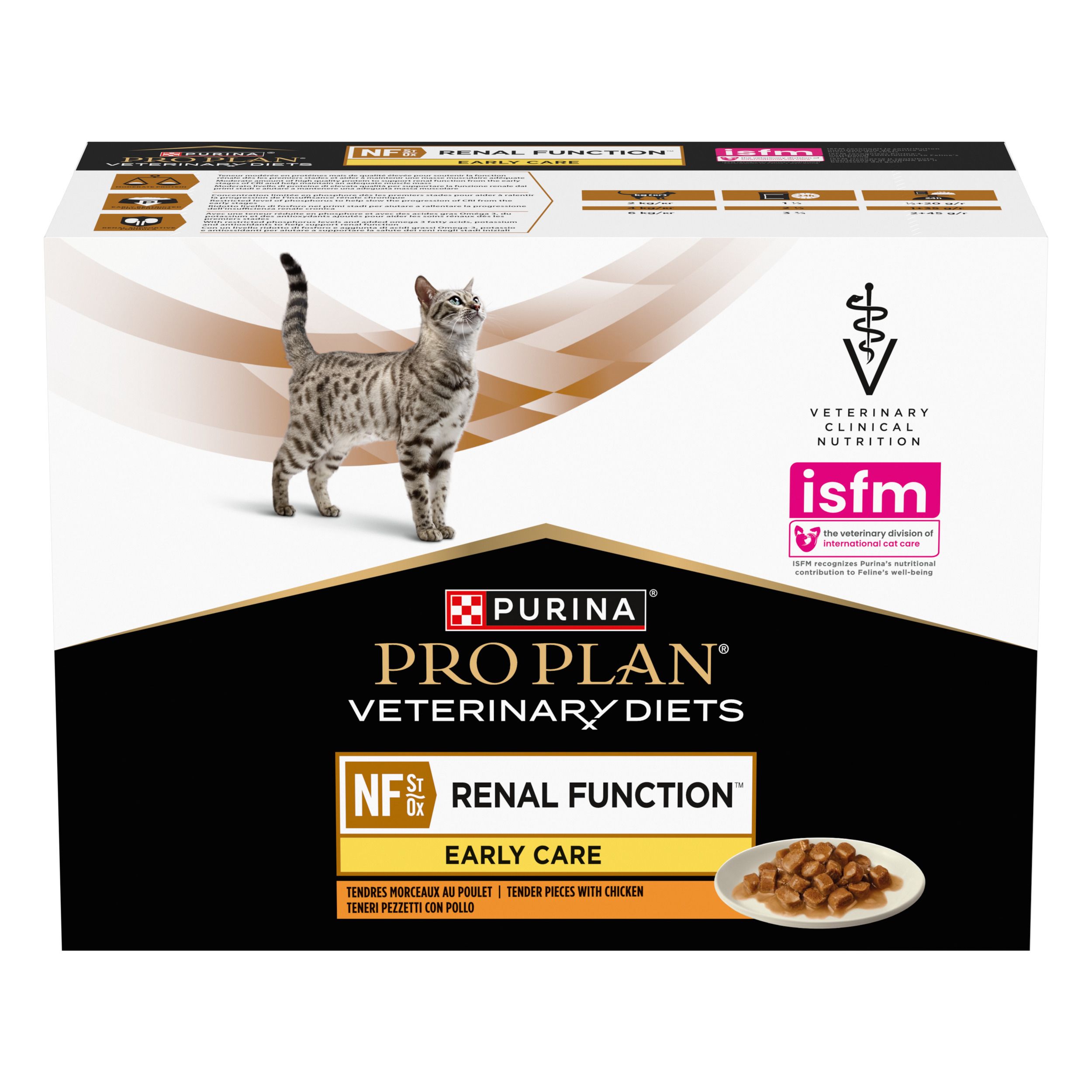 Boîte de nourriture pour chats. Marque : Purina Pro Plan Veterinary Diets. Inscription : NF Renal Function Early Care.