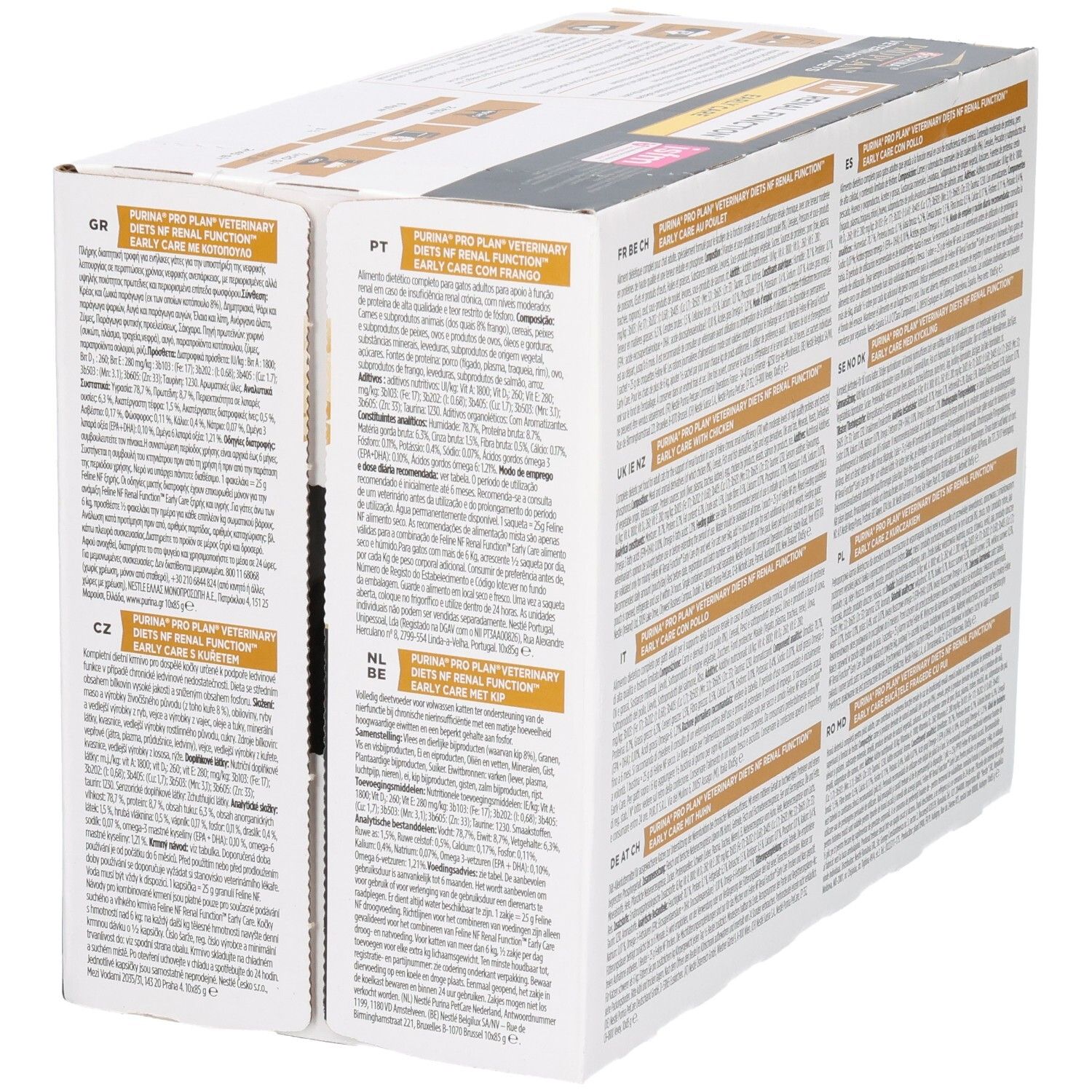 Rückseite der Katzenfutter-Verpackung. Text in mehreren Sprachen. Marke: Purina Pro Plan Veterinary Diets.