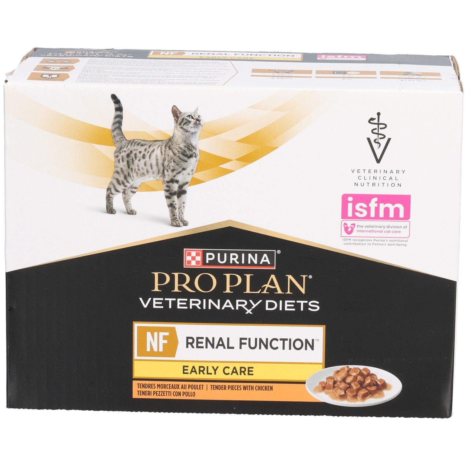 Karton mit Katzenfutter. Marke: Purina Pro Plan Veterinary Diets. Aufdruck: NF Renal Function Early Care.
