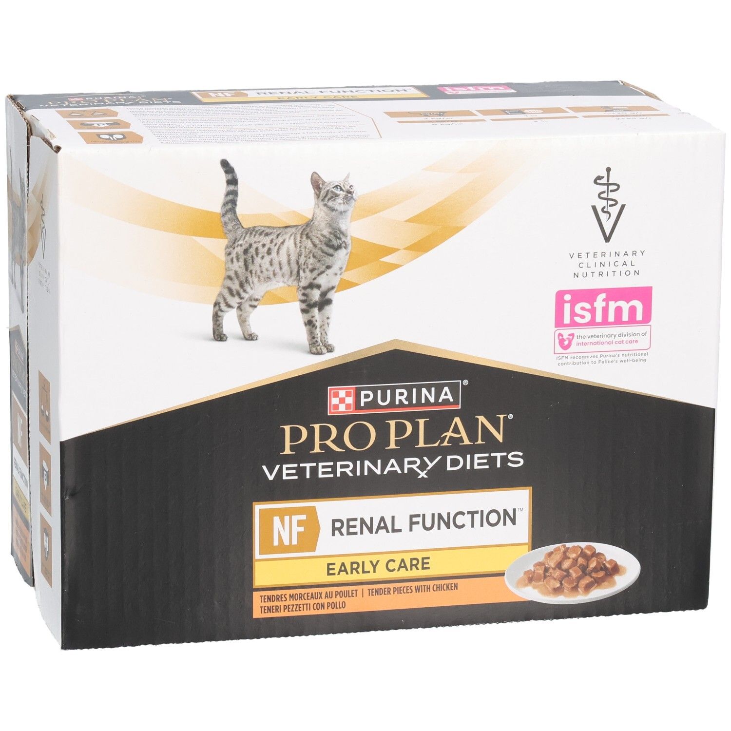 Karton mit Katzenfutter. Marke: Purina Pro Plan Veterinary Diets. Aufdruck: NF Renal Function Early Care.