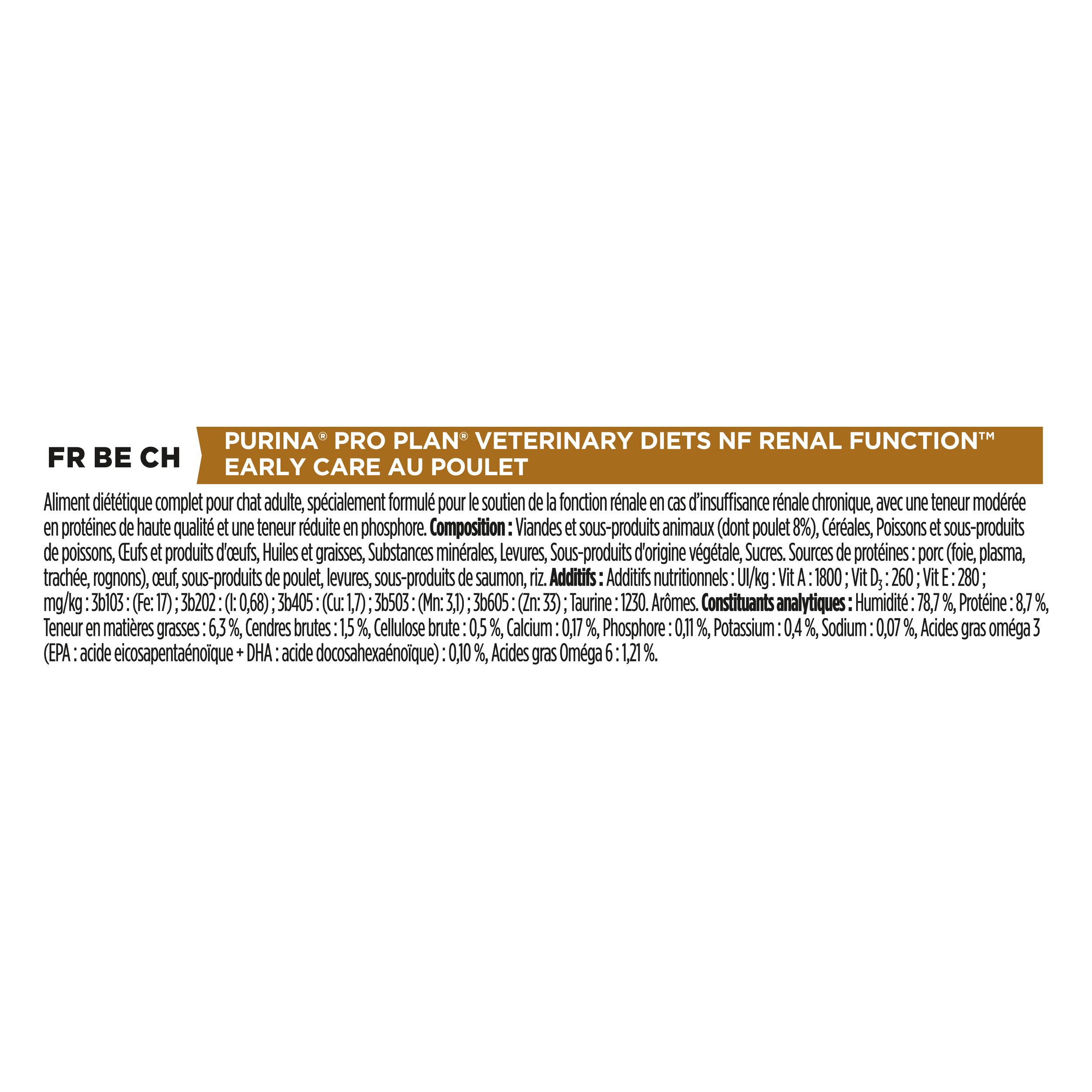 Boîte de nourriture pour chats. Marque : Purina Pro Plan Veterinary Diets. Inscription : NF Renal Function Early Care.