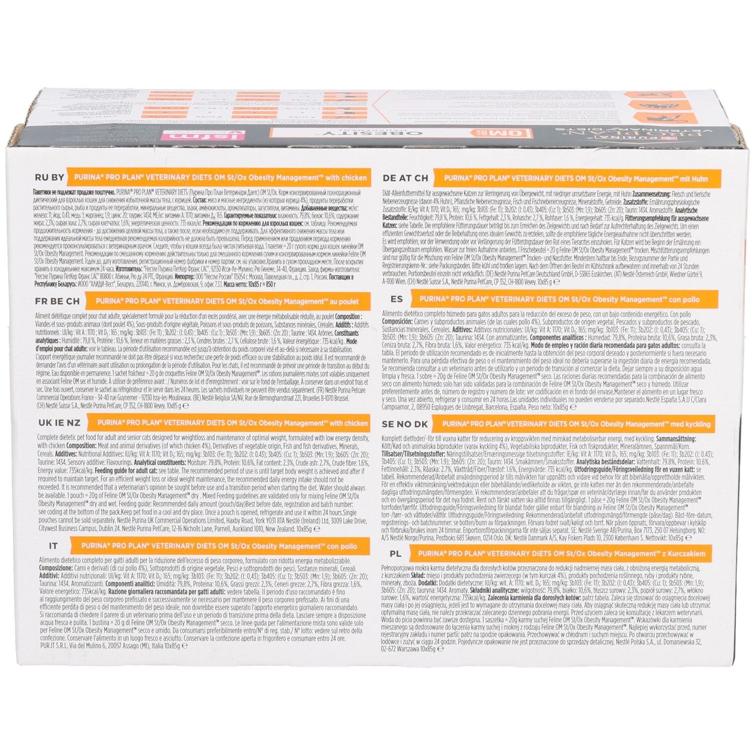 Kartonverpackung mit Text in mehreren Sprachen. Enthält Informationen zu Inhaltsstoffen und Fütterungsempfehlungen.
