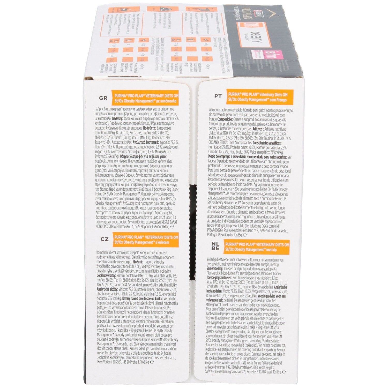 Seitenansicht der Kartonverpackung mit Text in mehreren Sprachen. Enthält Informationen zu Inhaltsstoffen und Fütterungsempfehlungen.