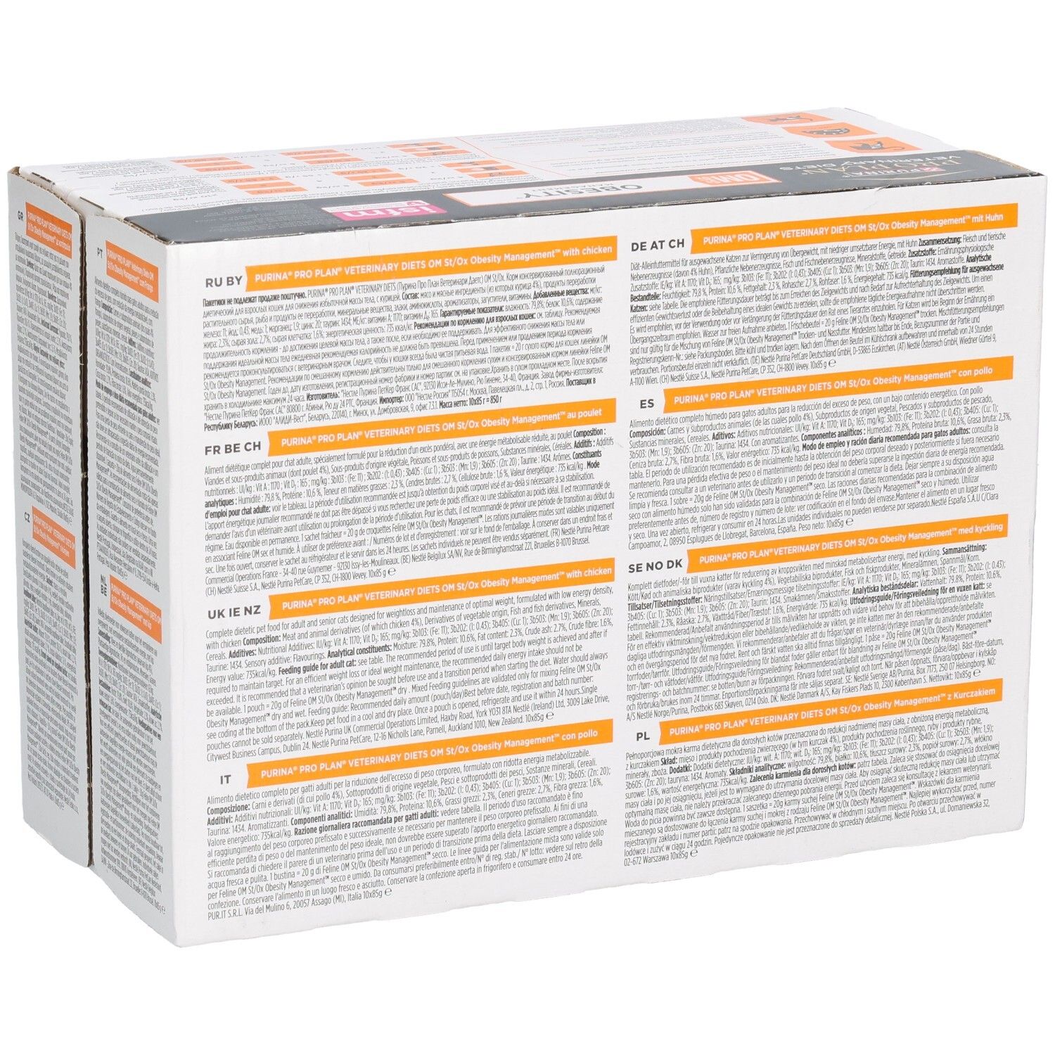 Kartonverpackung mit Text in mehreren Sprachen. Enthält Informationen zu Inhaltsstoffen und Fütterungsempfehlungen.