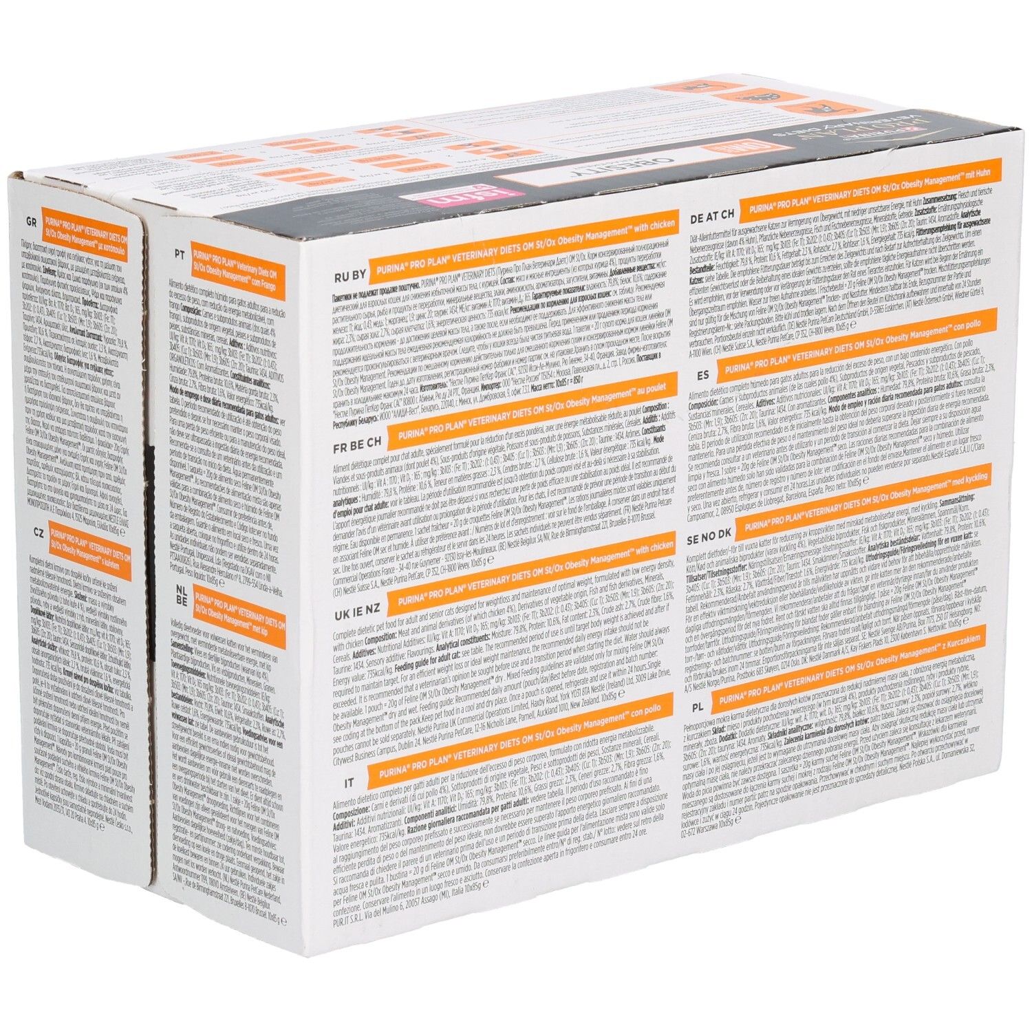 Kartonverpackung mit Text in mehreren Sprachen. Enthält Informationen zu Inhaltsstoffen und Fütterungsempfehlungen.
