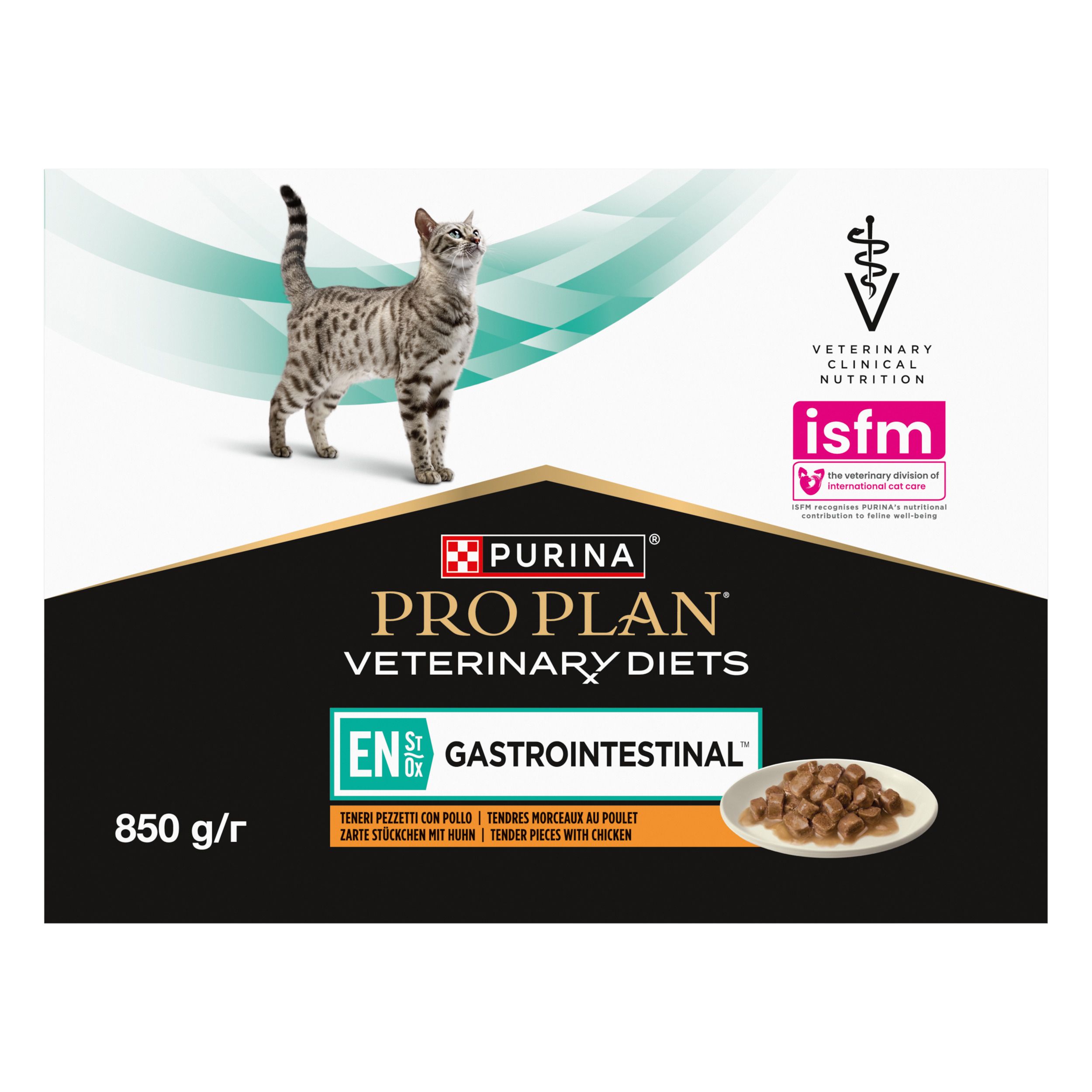 Boîte PRO PLAN Veterinary Diets. Chat et image du produit. 850 g. Mention Gastrointestinal.