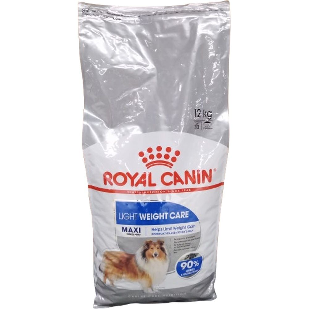 Royal Canin Maxi Light Weight Care Hundefutter, 12 kg Beutel mit Bild eines Collies.