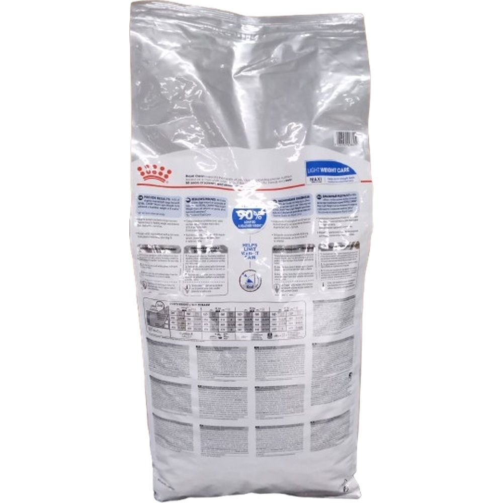 Rückseite eines 12 kg Beutels Royal Canin Maxi Light Weight Care Hundefutter mit detaillierten Informationen.