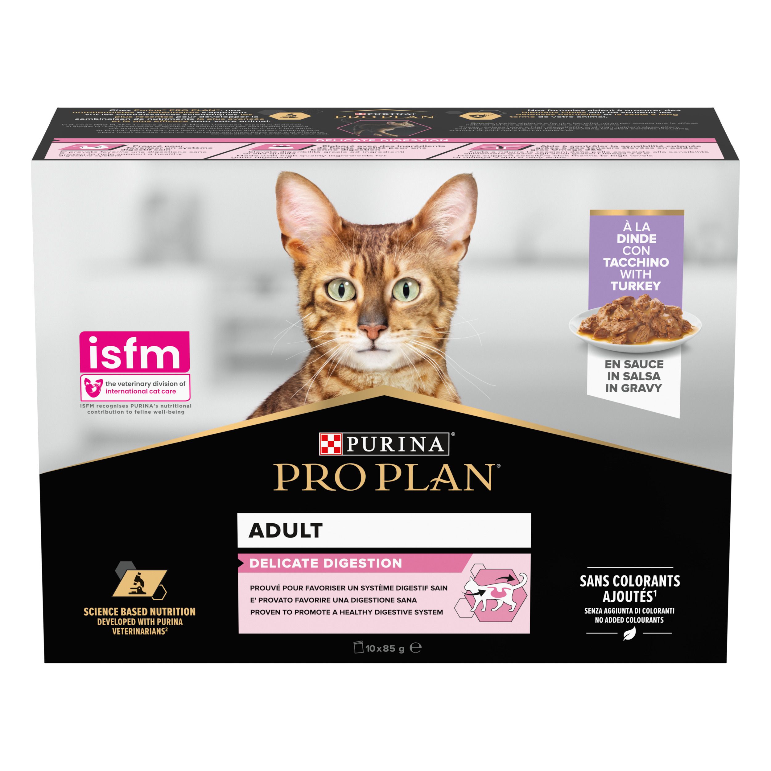 Boîte en carton avec image de produit et logo. Contient des sachets d'aliments pour chats. Inscription : Purina Pro Plan Adult Delicate Digestion.