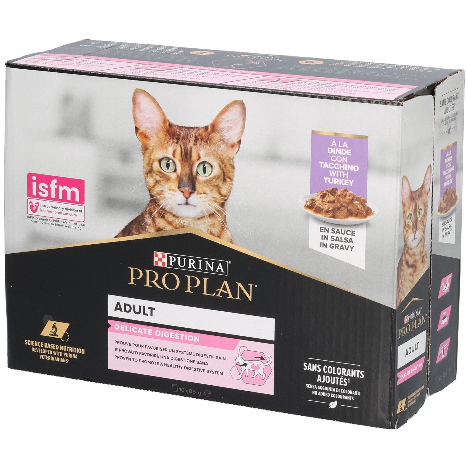 Kartonverpackung mit Produktabbildung und Logo. Enthält Beutel mit Katzenfutter. Aufdruck: Purina Pro Plan Adult Delicate Digestion.