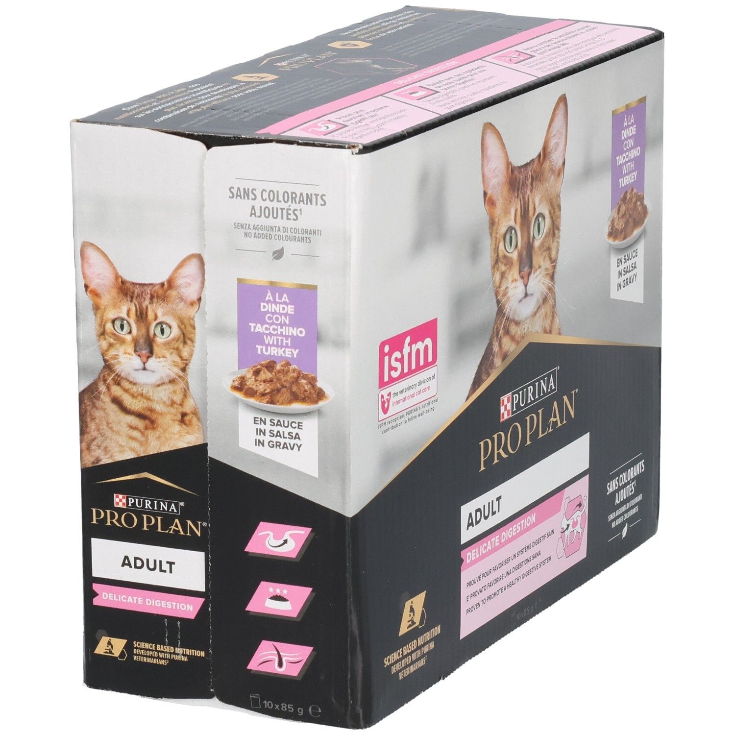 Kartonverpackung mit Produktabbildung und Logo. Enthält Beutel mit Katzenfutter. Aufdruck: Purina Pro Plan Adult Delicate Digestion.