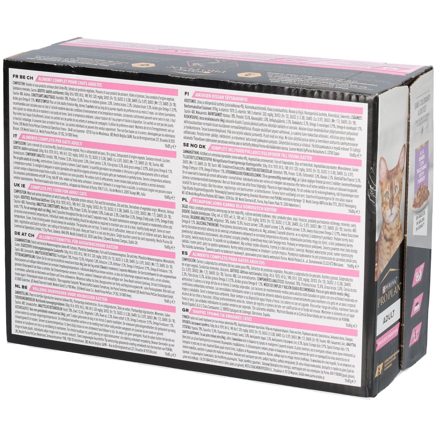 Rückseite der Kartonverpackung mit Produktinformationen und Text in verschiedenen Sprachen. Enthält Angaben zu Inhaltsstoffen und Fütterungsempfehlungen.