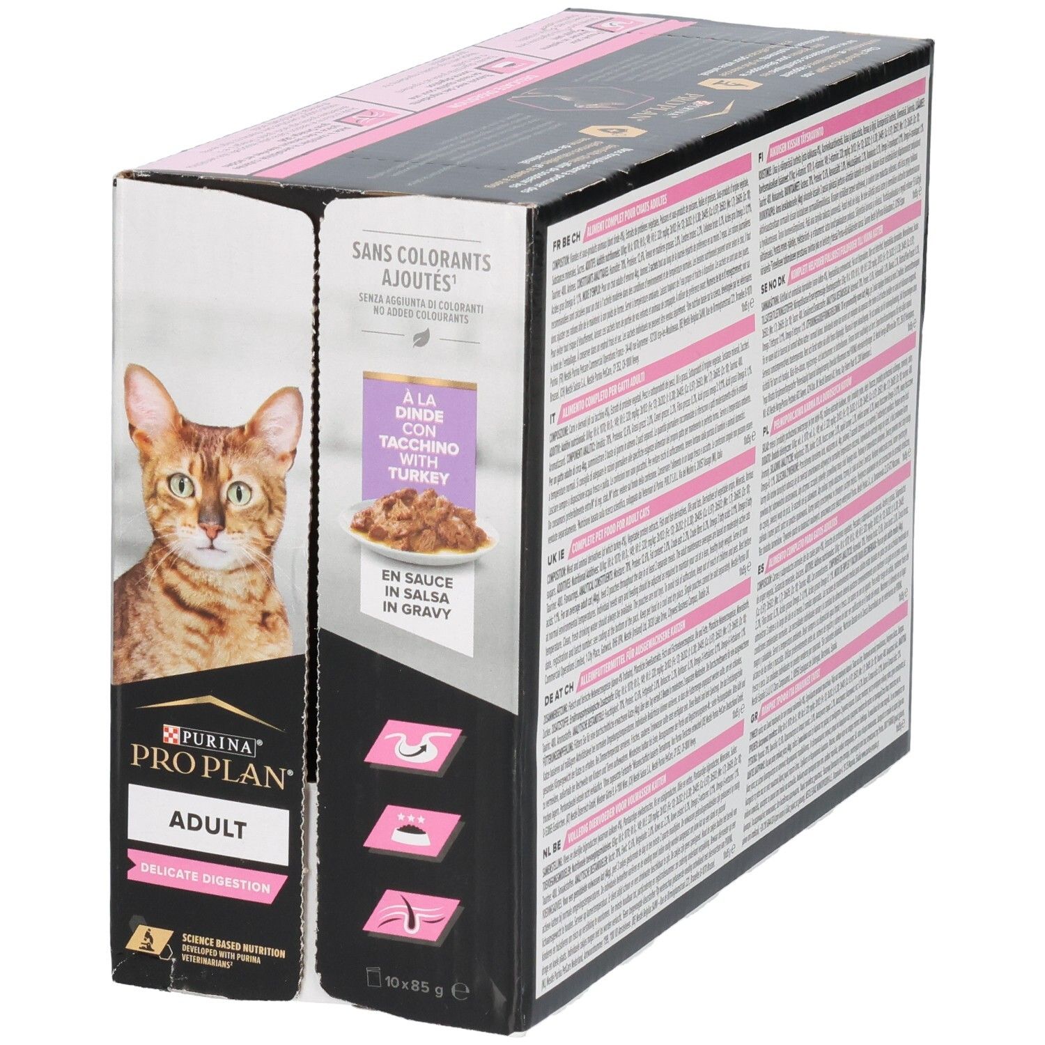 Kartonverpackung mit Produktabbildung und Logo. Enthält Beutel mit Katzenfutter. Aufdruck: Purina Pro Plan Adult Delicate Digestion.