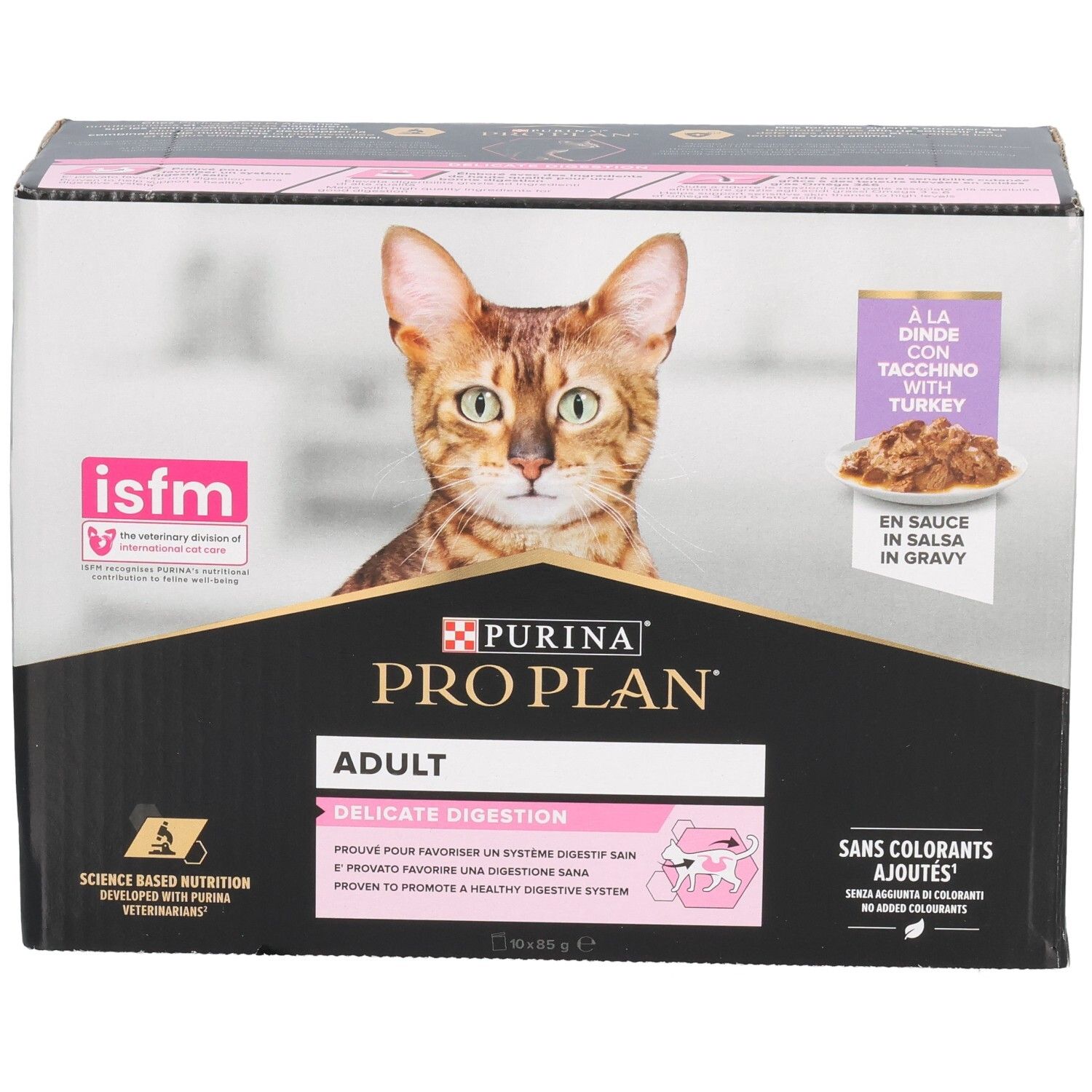 Kartonverpackung mit Produktabbildung und Logo. Enthält Beutel mit Katzenfutter. Aufdruck: Purina Pro Plan Adult Delicate Digestion.