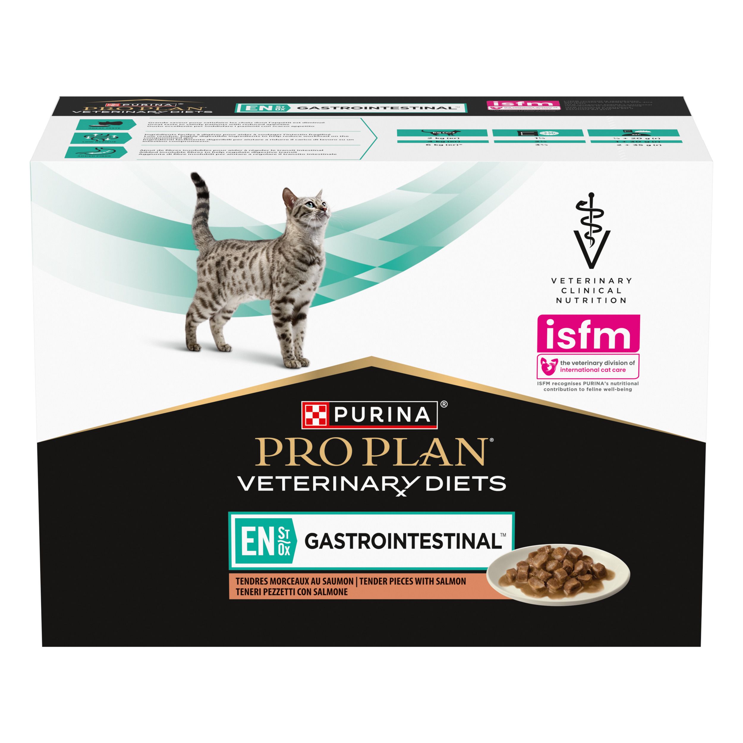 Dos de l'emballage de nourriture pour chats. Texte en français. Marque : Purina Pro Plan Veterinary Diets.