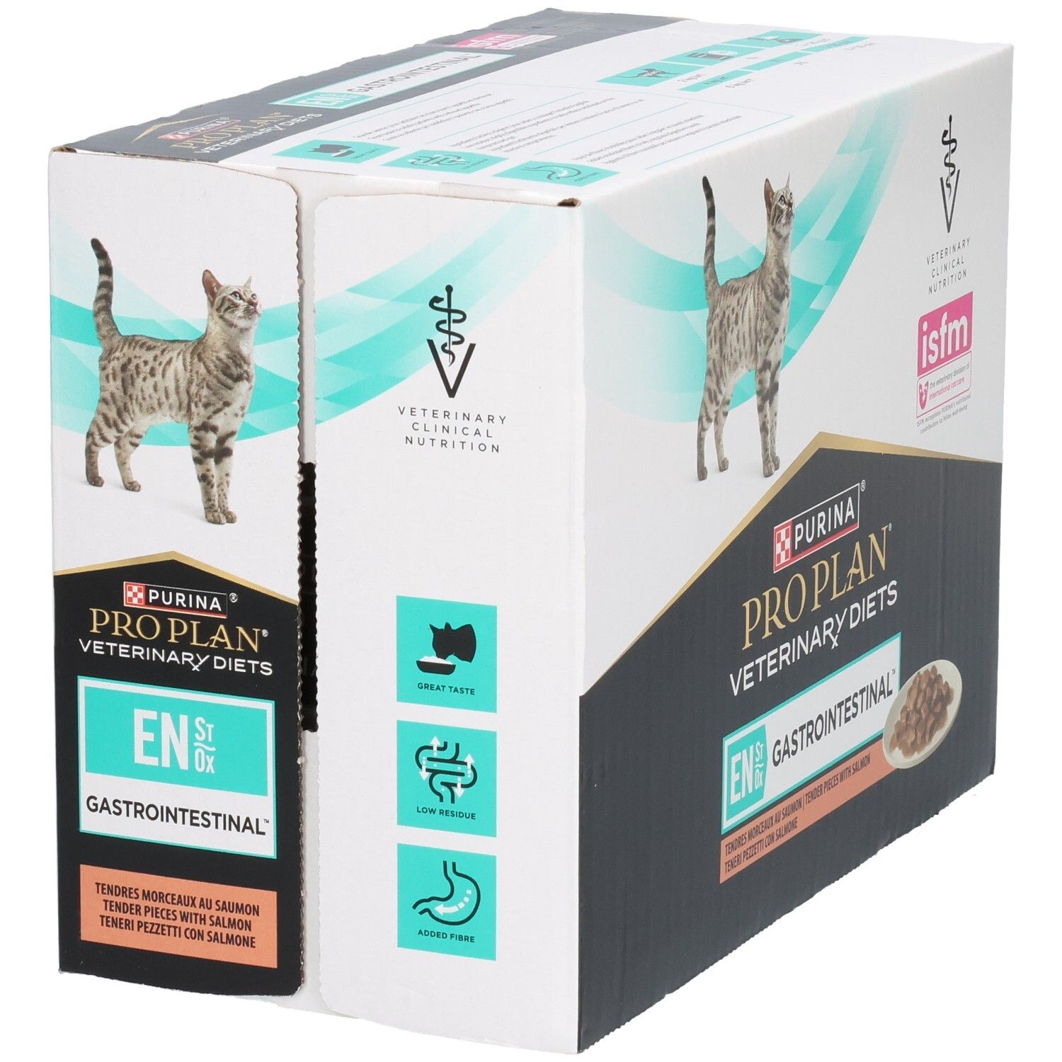 Karton mit Katzenfutter. Marke: Purina Pro Plan Veterinary Diets. Aufdruck: EN Gastrointestinal. Illustrationen zu Verdauung.