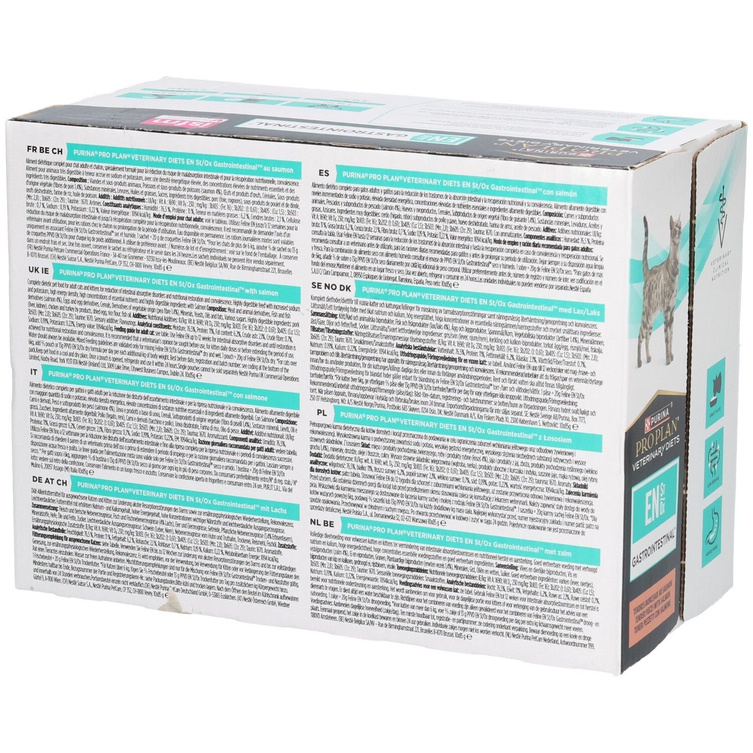 Rückseite der Katzenfutter-Verpackung. Text in verschiedenen Sprachen. Marke: Purina Pro Plan Veterinary Diets.