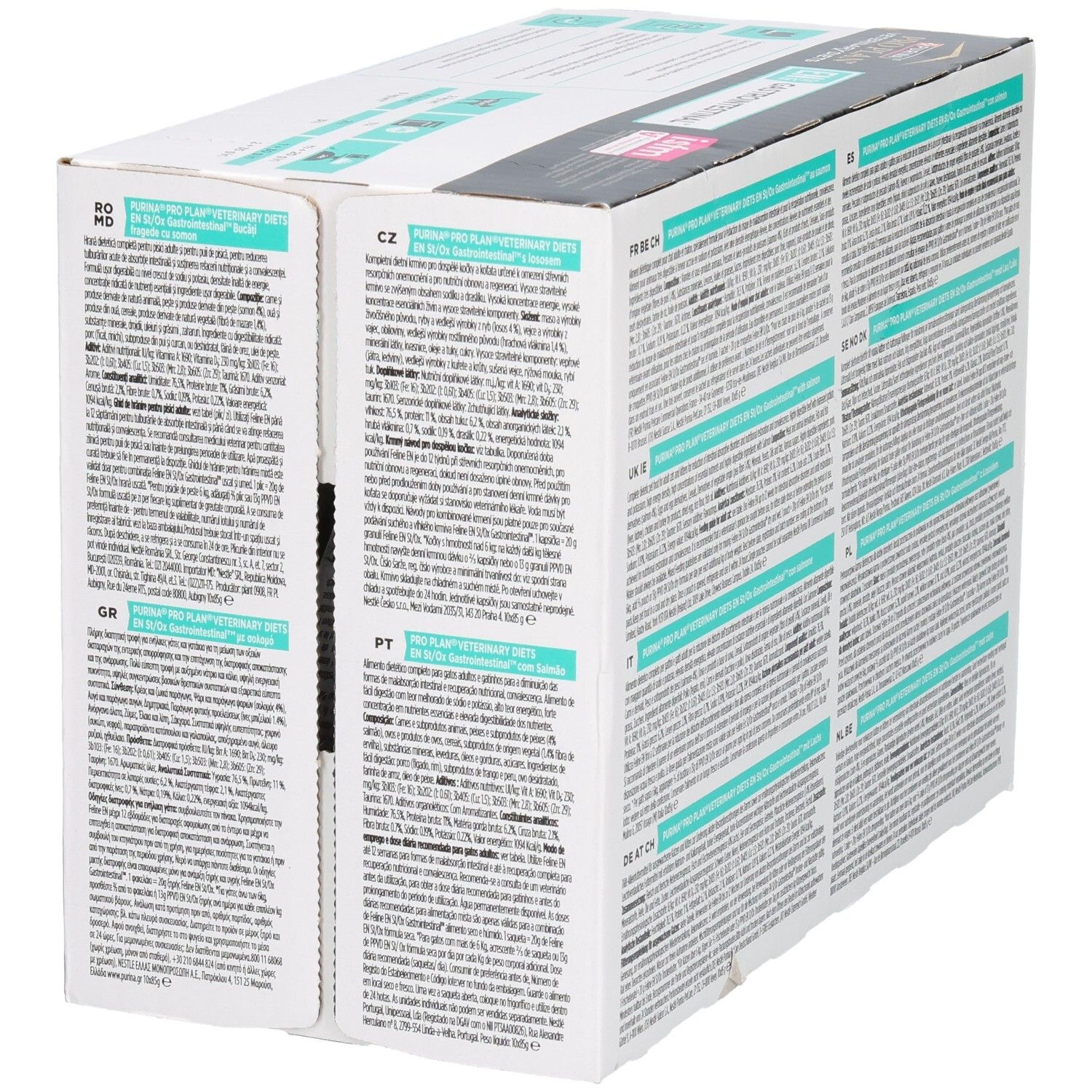 Rückseite der Katzenfutter-Verpackung. Text in verschiedenen Sprachen. Marke: Purina Pro Plan Veterinary Diets.