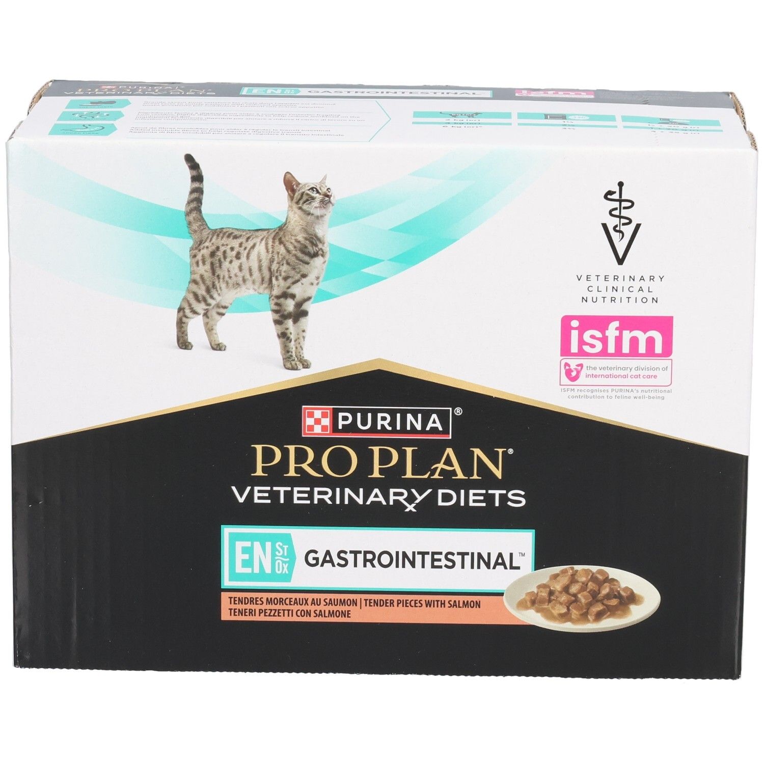Karton mit Katzenfutter. Marke: Purina Pro Plan Veterinary Diets. Aufdruck: EN Gastrointestinal. Mit Katze und Futterstückchen.