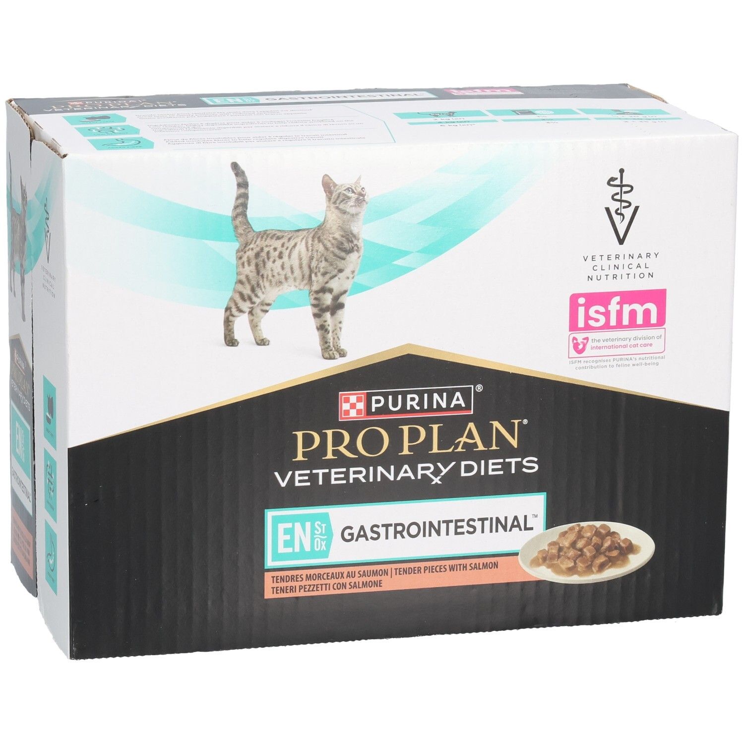 Karton mit Katzenfutter. Marke: Purina Pro Plan Veterinary Diets. Aufdruck: EN Gastrointestinal. Mit Katze und Futterstückchen.