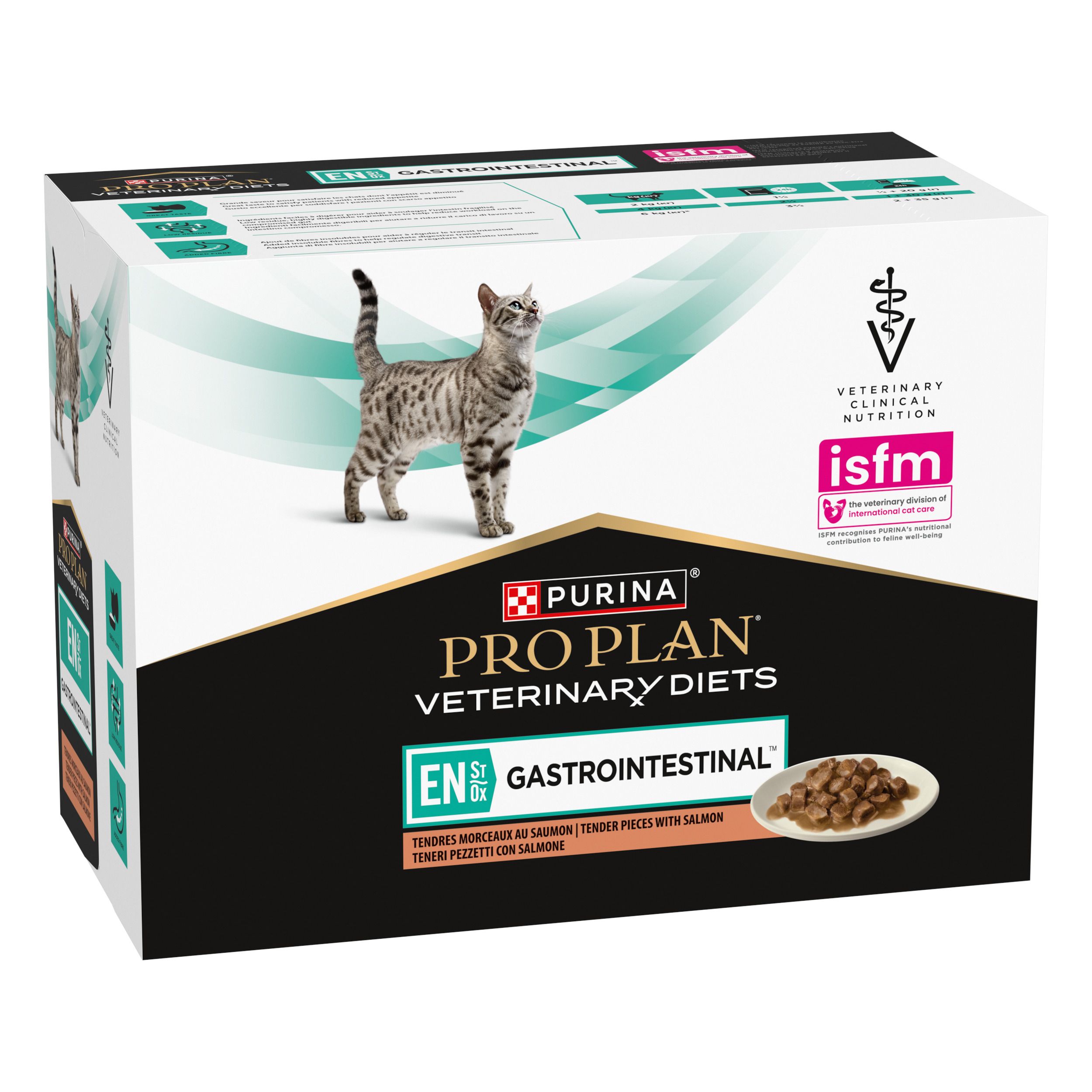 Dos de l'emballage de nourriture pour chats. Texte en français. Marque : Purina Pro Plan Veterinary Diets.