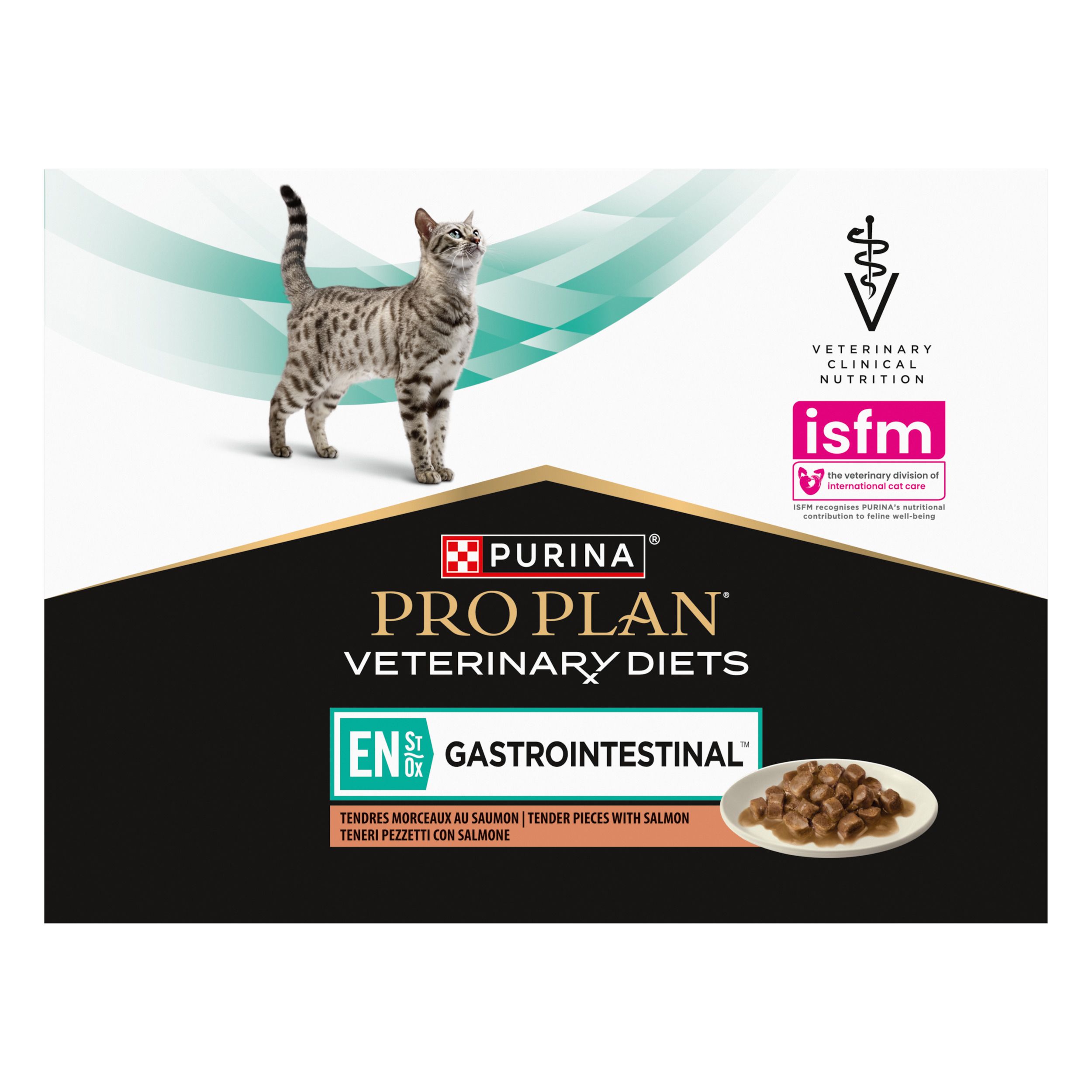 Dos de l'emballage de nourriture pour chats. Texte en français. Marque : Purina Pro Plan Veterinary Diets.