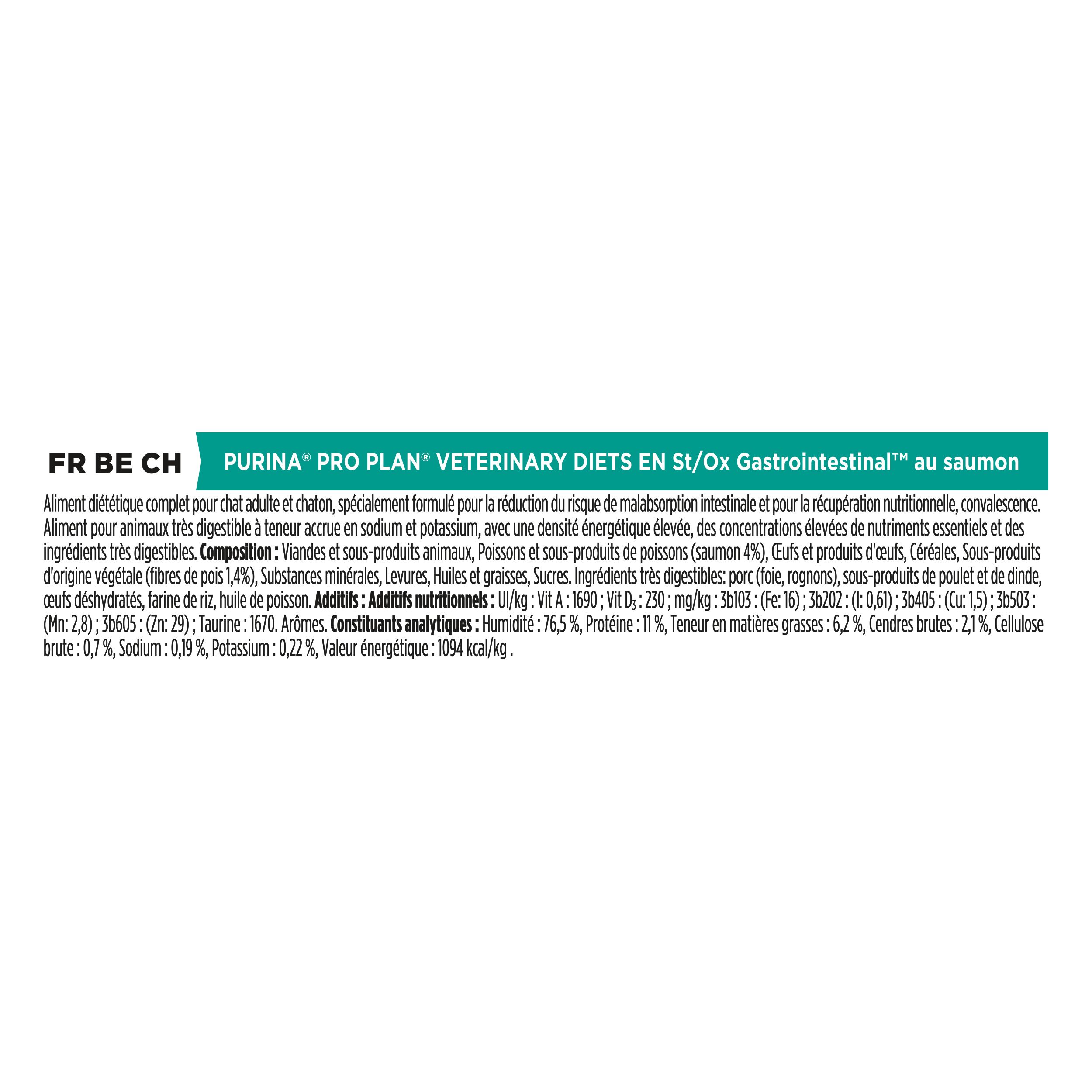 Boîte de nourriture pour chats. Purina Pro Plan Veterinary Diets. Inscription : EN Gastrointestinal. Chat et croquettes visibles.