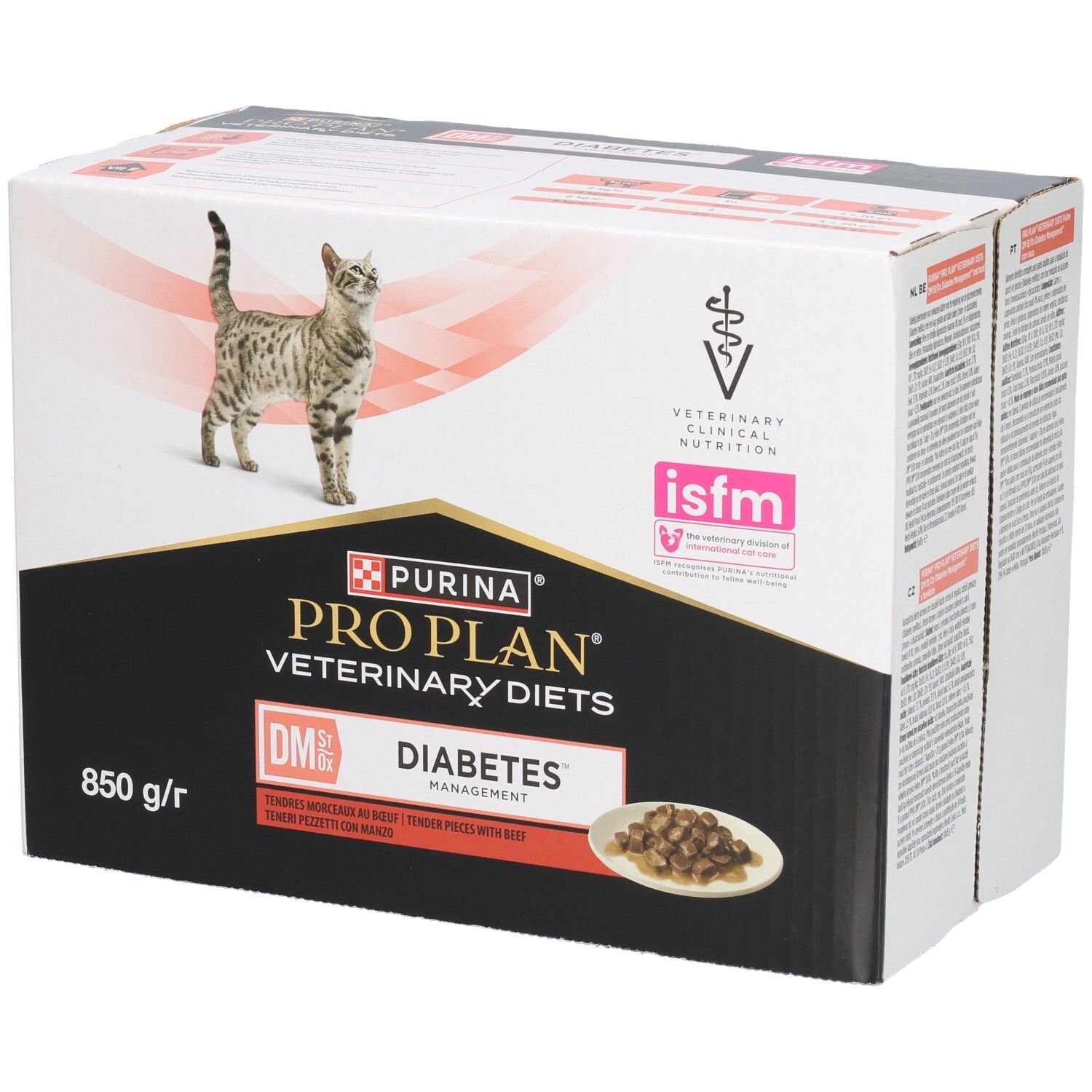 Boîte de nourriture pour chats. Marque : Purina Pro Plan Veterinary Diets. Inscription : DM Diabetes Management. Logo ISFM.