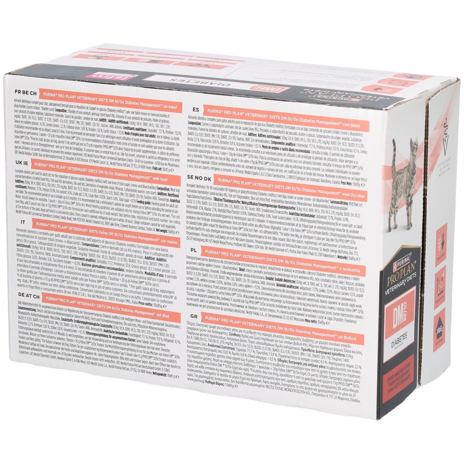 Dos de l'emballage de nourriture pour chats. Texte multilingue. Marque : Purina Pro Plan Veterinary Diets. Inscription : DM Diabetes.