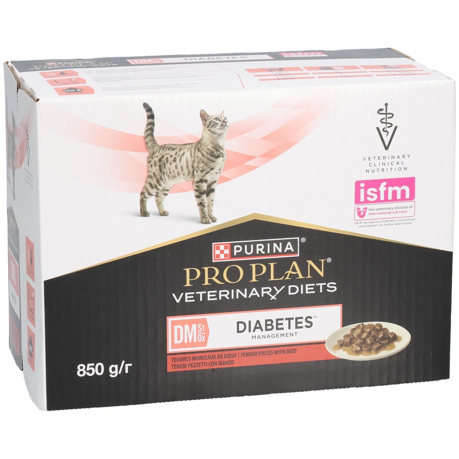 Boîte de nourriture pour chats. Marque : Purina Pro Plan Veterinary Diets. Inscription : DM Diabetes Management. Logo ISFM.