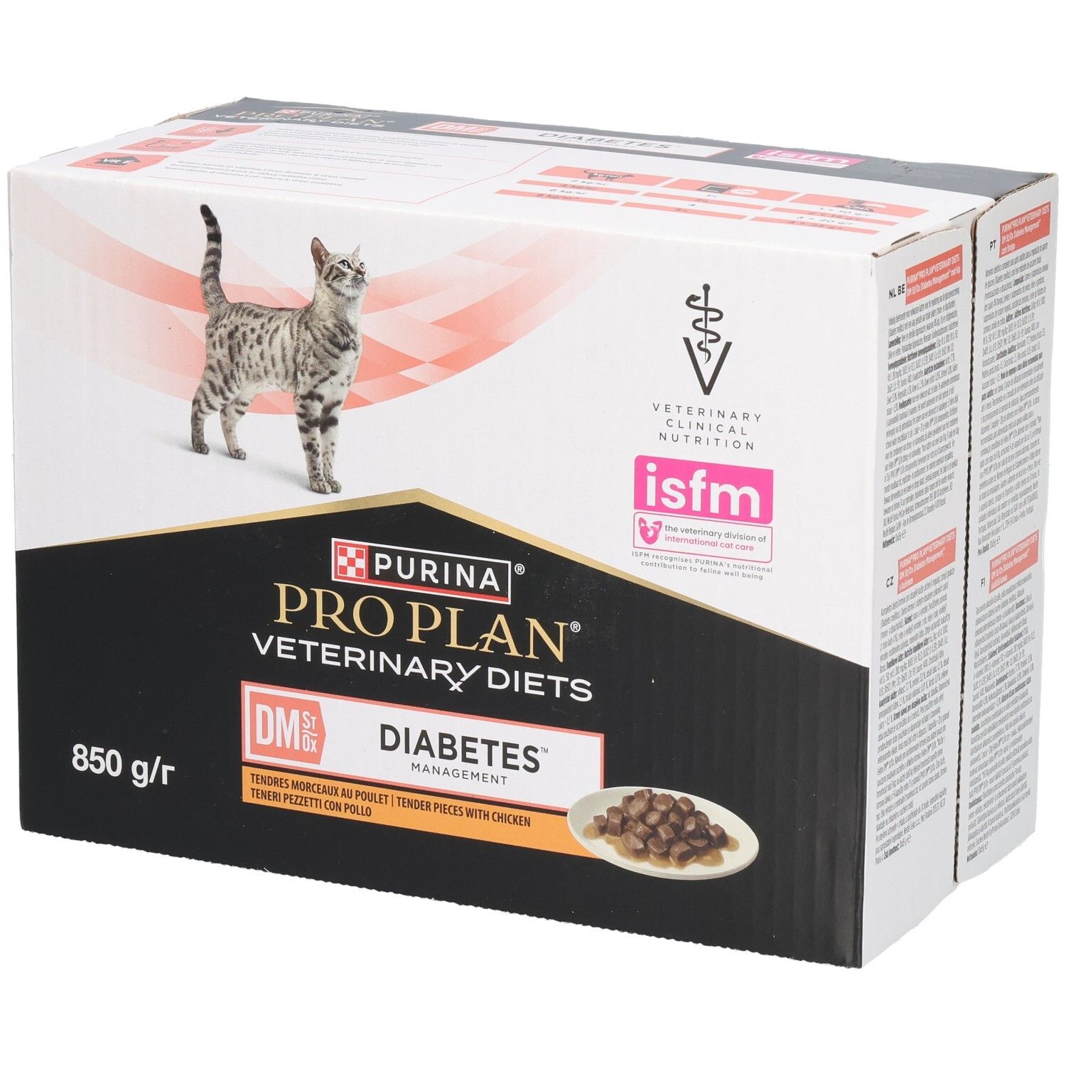 Karton PRO PLAN® VETERINARY DIETS Feline DM St/Ox Diabetes Management. Katze, Produktabbildung, 850 g/r.