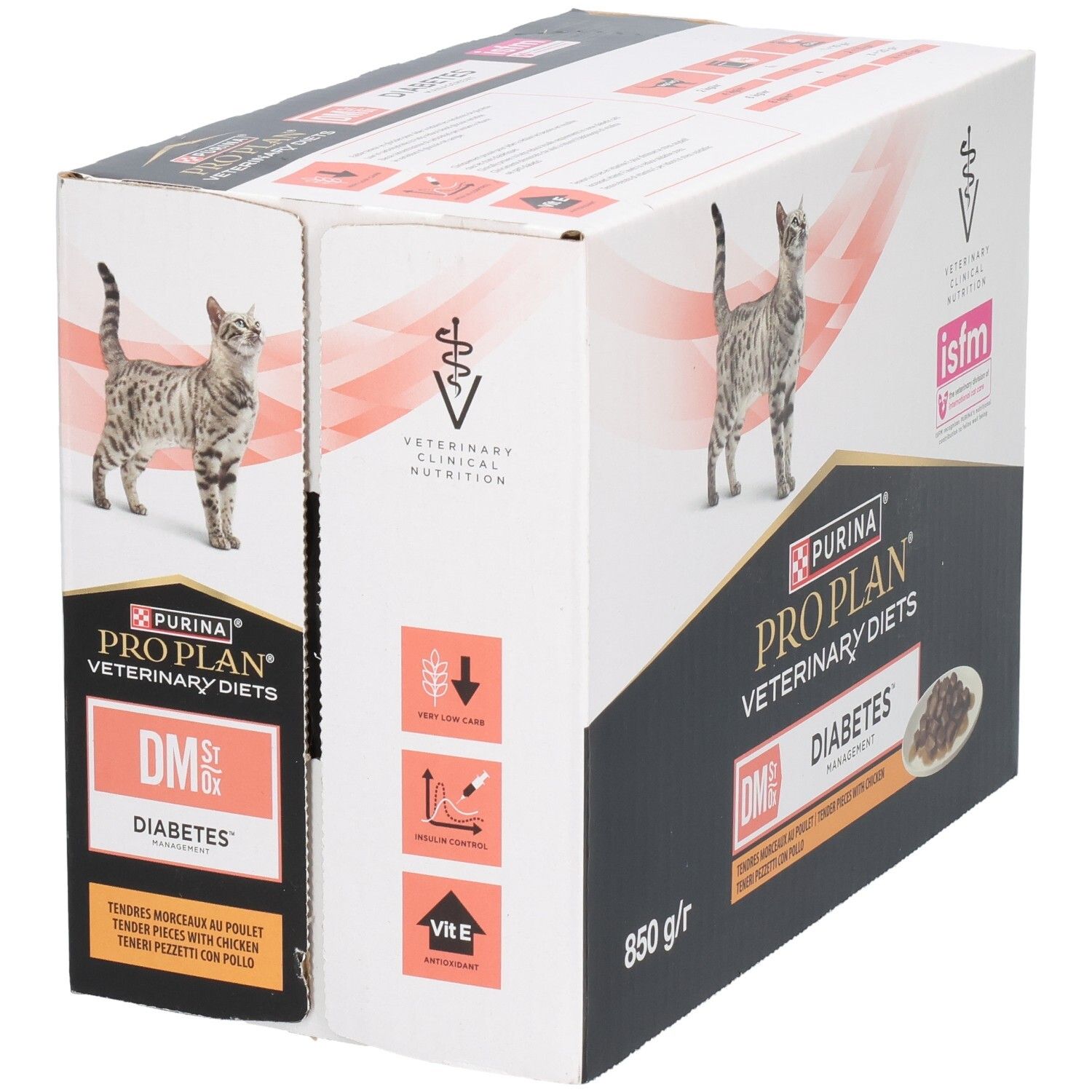 Karton PRO PLAN® VETERINARY DIETS Feline DM St/Ox Diabetes Management. Katze, Produktabbildung, 850 g/r.