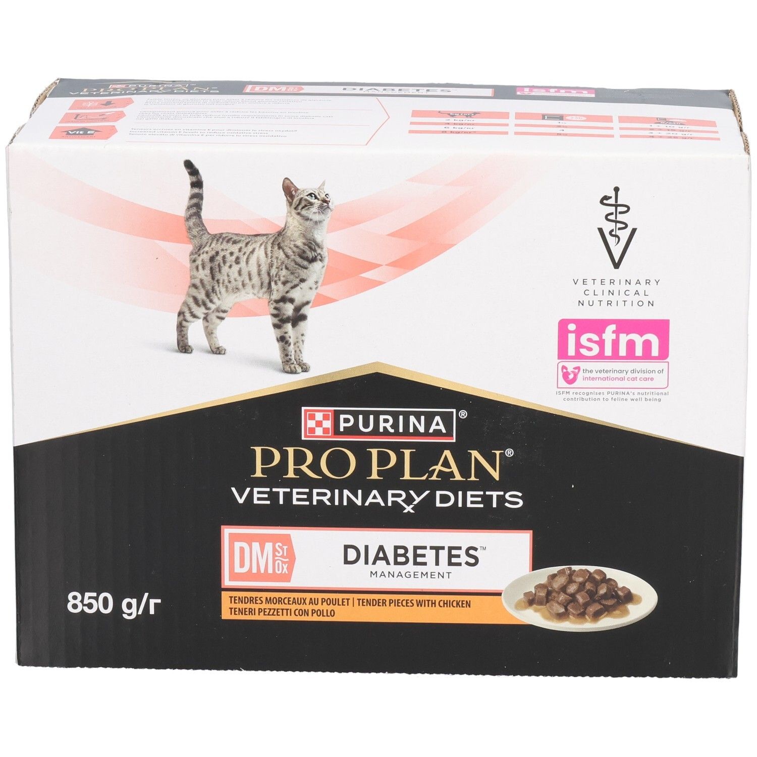Karton PRO PLAN® VETERINARY DIETS Feline DM St/Ox Diabetes Management. Katze, Produktabbildung, 850 g/r.