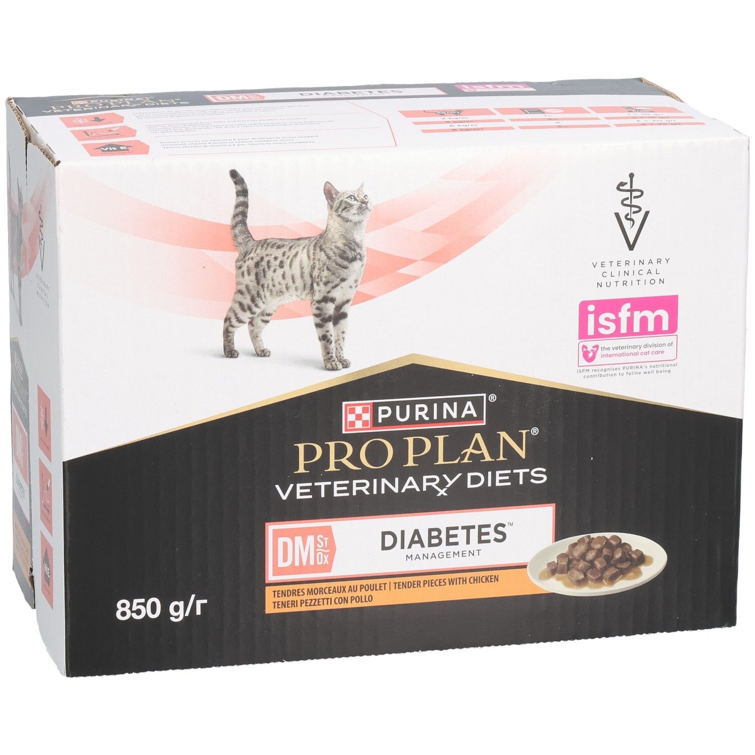 Karton PRO PLAN® VETERINARY DIETS Feline DM St/Ox Diabetes Management. Katze, Produktabbildung, 850 g/r.
