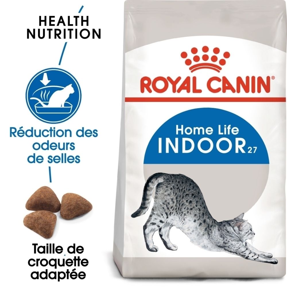 Royal Canin Indoor 27 Katzenfutter-Sack mit Abbildung einer Katze und Kroketten. Reduziert Gerüche.