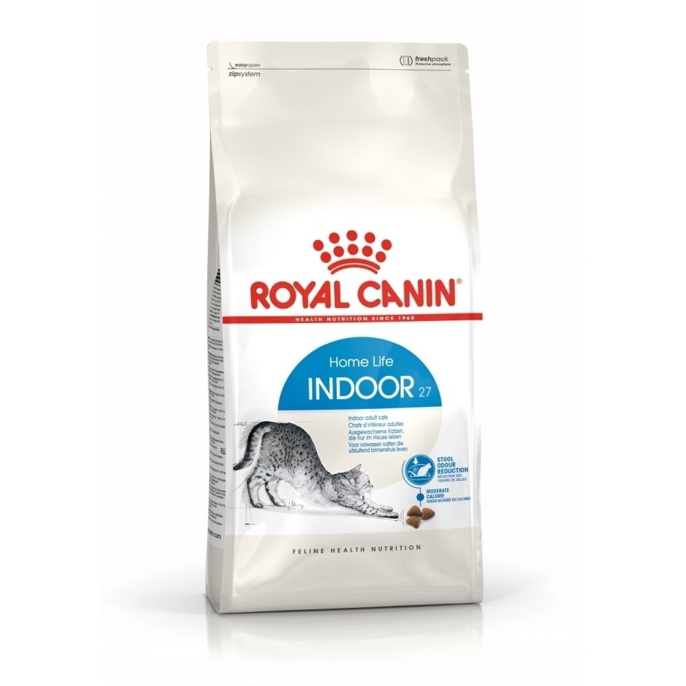 Royal Canin Indoor 27 Katzenfutter-Sack mit Abbildung einer Katze und Futterbrocken.