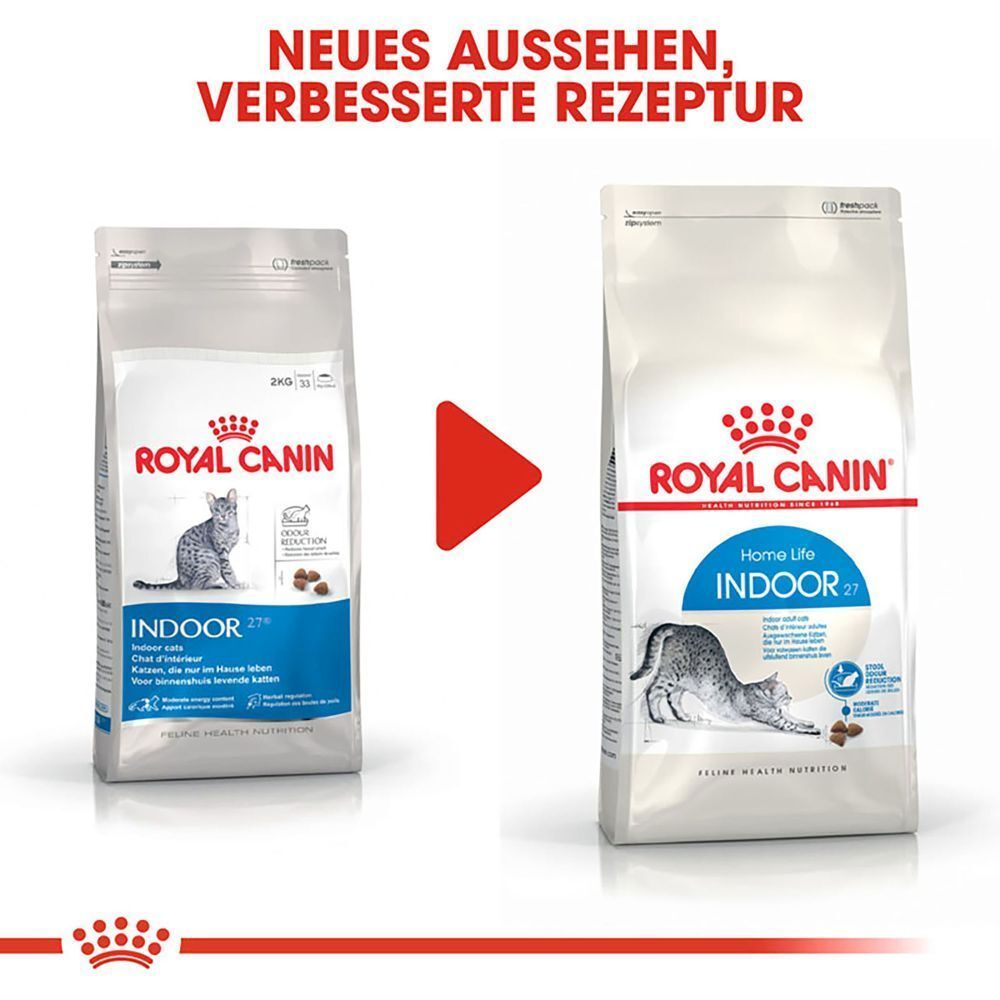 Zwei Säcke Royal Canin Indoor 27 Katzenfutter, links altes Design, rechts neues Design.