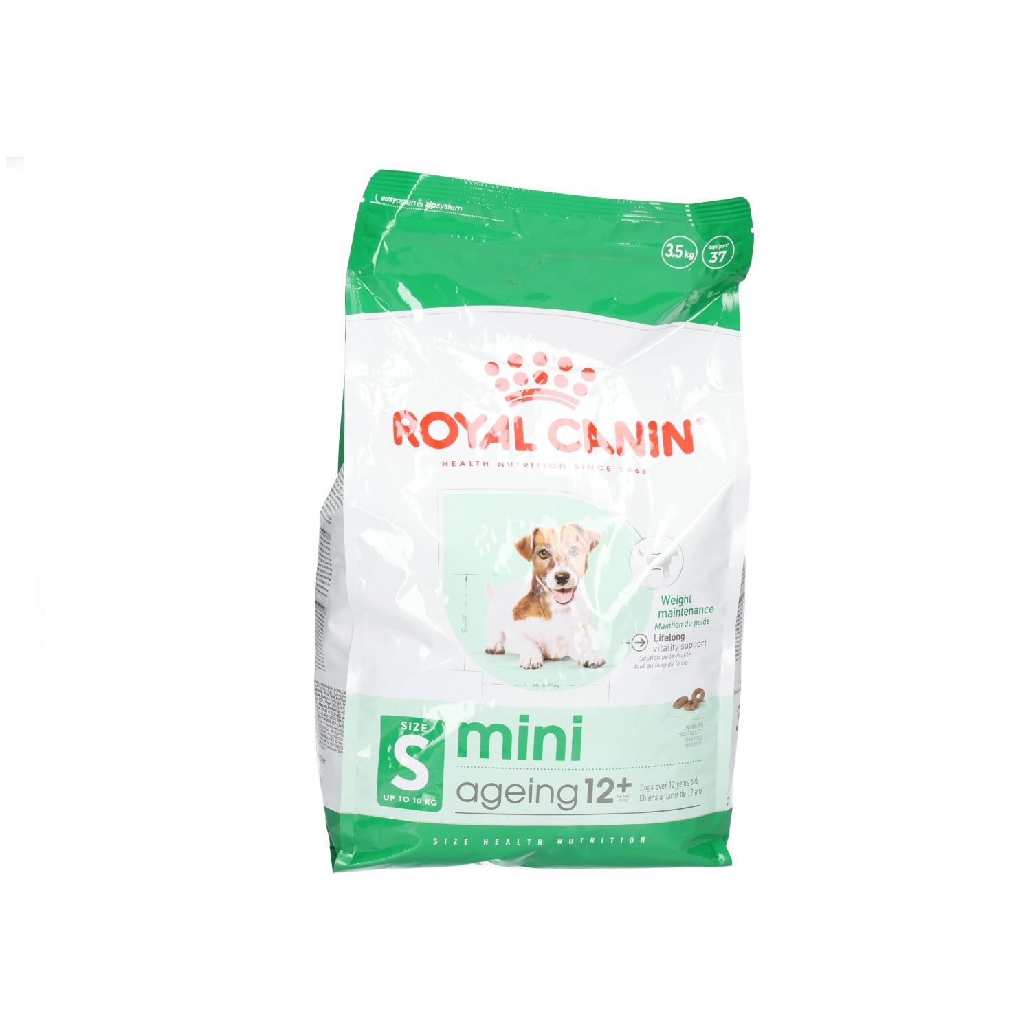 Royal Canin Mini Ageing 12+ Hundefutter. Beutel mit Hundebild und Produktinformationen.