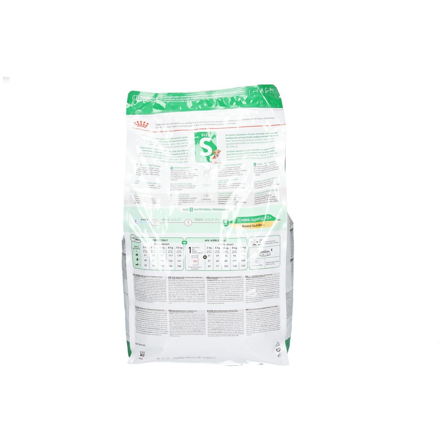 Rückseite des Royal Canin Mini Ageing 12+ Futtersacks mit detaillierten Ernährungsinformationen und Tabellen.