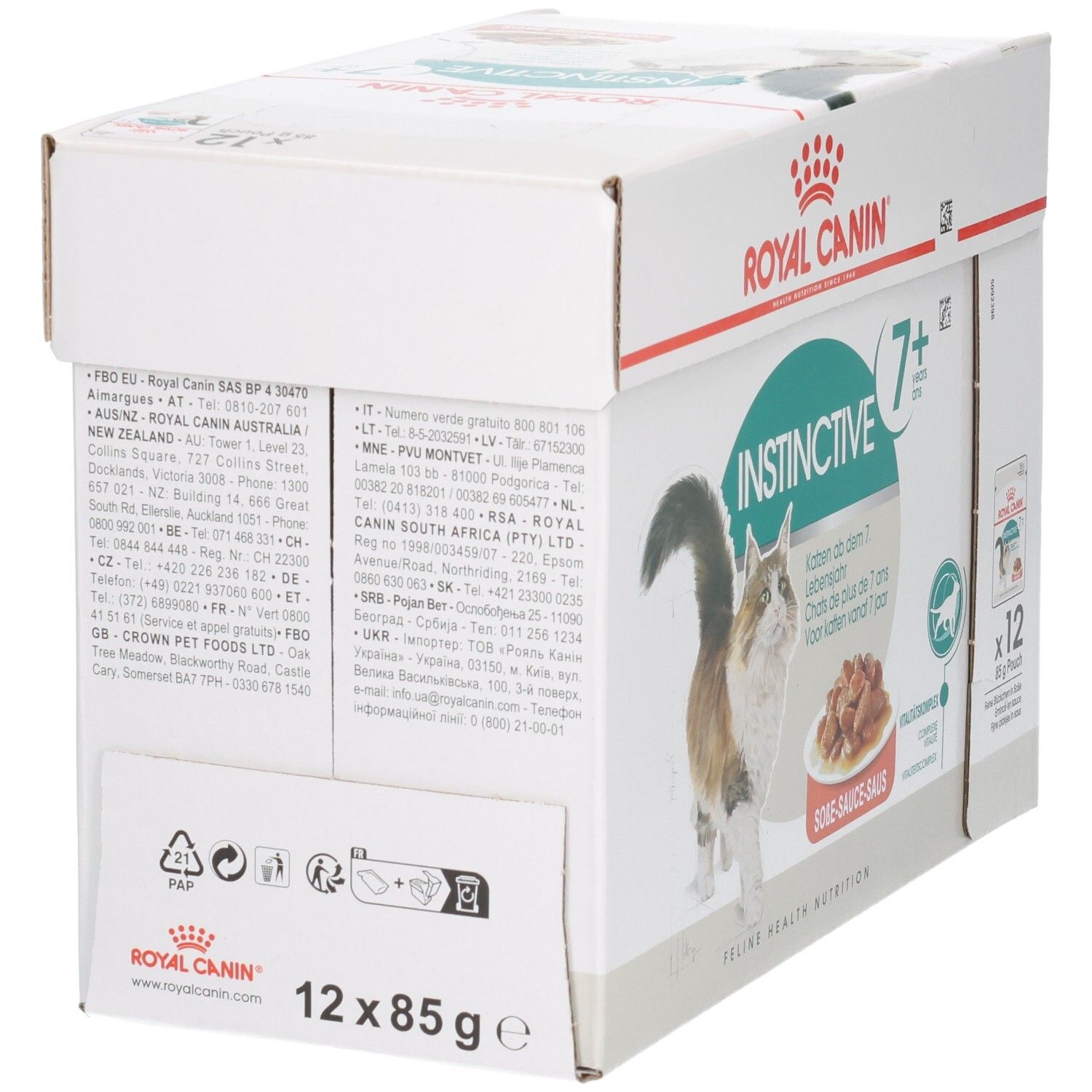 Rückseite der Royal Canin Instinctive 7+ Multipack-Verpackung mit Adressinformationen und Recycling-Symbolen.