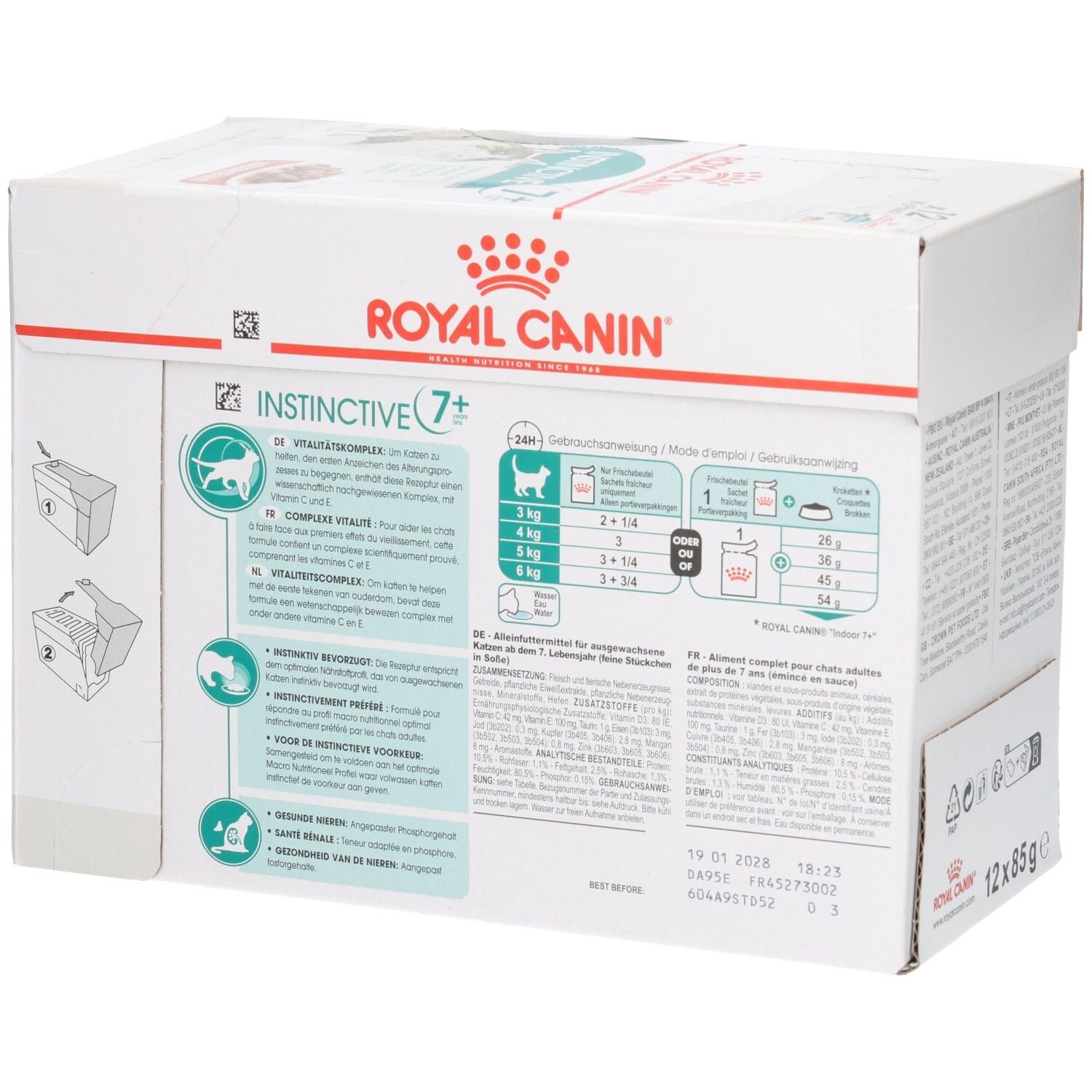Seitenansicht der Royal Canin Instinctive 7+ Multipack-Verpackung mit Fütterungsempfehlungen und Vitalitätskomplex.