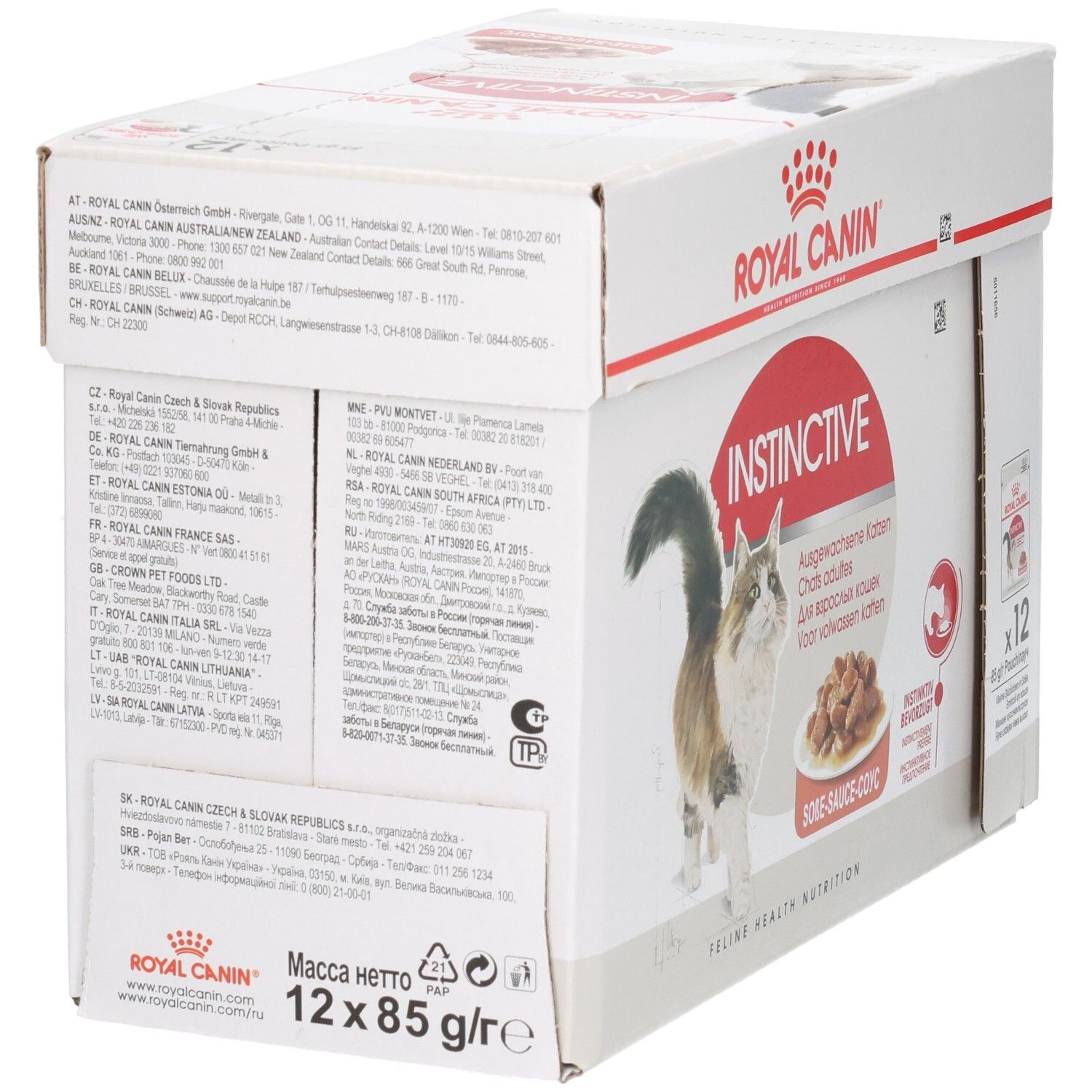 Rückseite des Royal Canin Instinctive Multipacks mit Fütterungsempfehlungen und Herstellerinformationen.