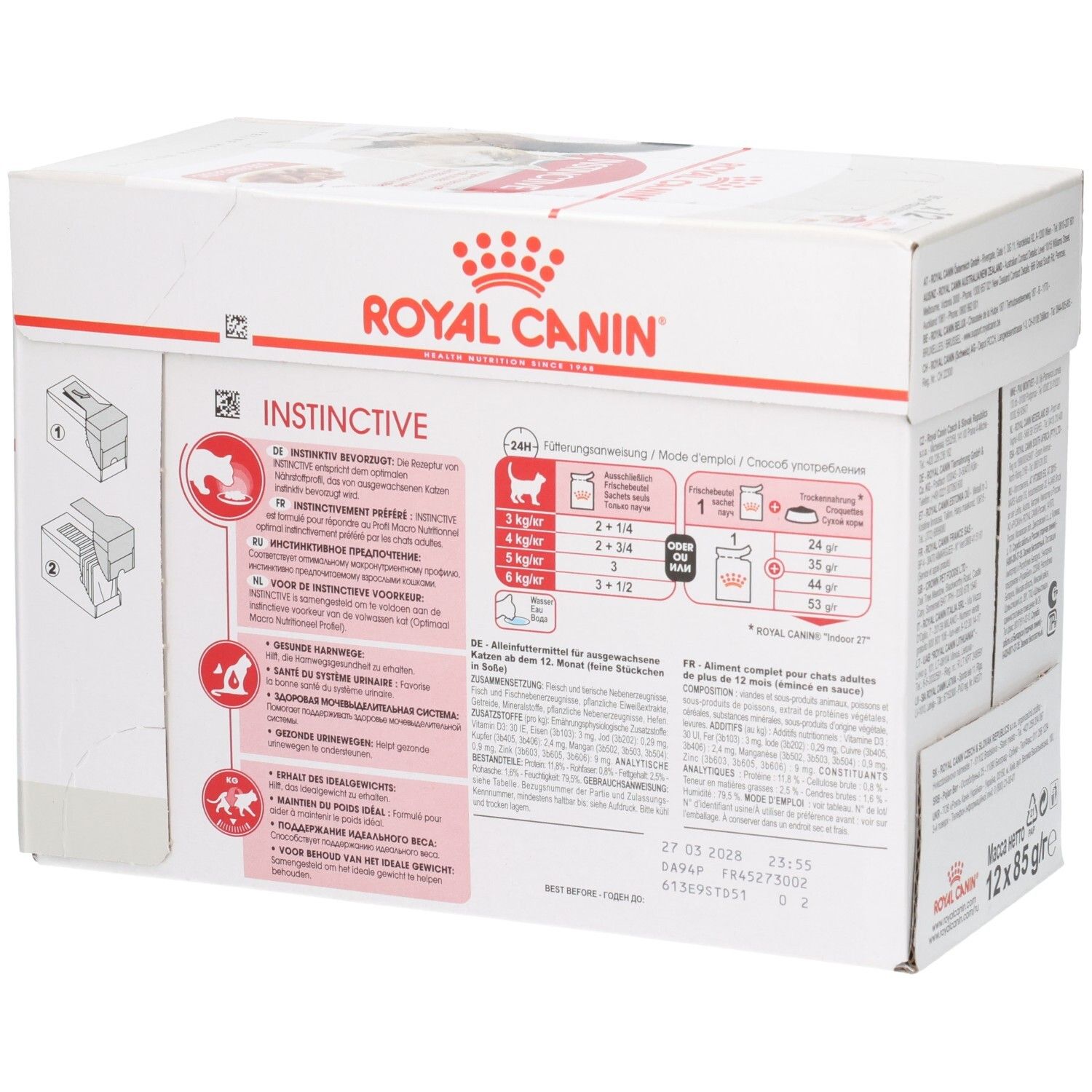 Seitenansicht des Royal Canin Instinctive Multipacks mit detaillierten Anwendungshinweisen und Fütterungstabellen.
